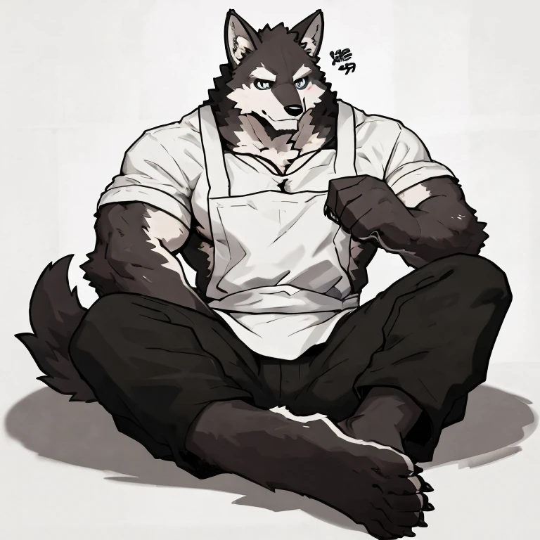 1 boy, solo, anthropology, wolf, hairy, black and white fur, A place where people congregate Sparkling blue eyes, Big pink‚ with big abs‚muscular, handsome, apron, black pant, white shirt, lay on ground, lie on hands , high quality, super detail, 1080P, high quality, high quality, best quality, 8k, super detail, 16k, white background
