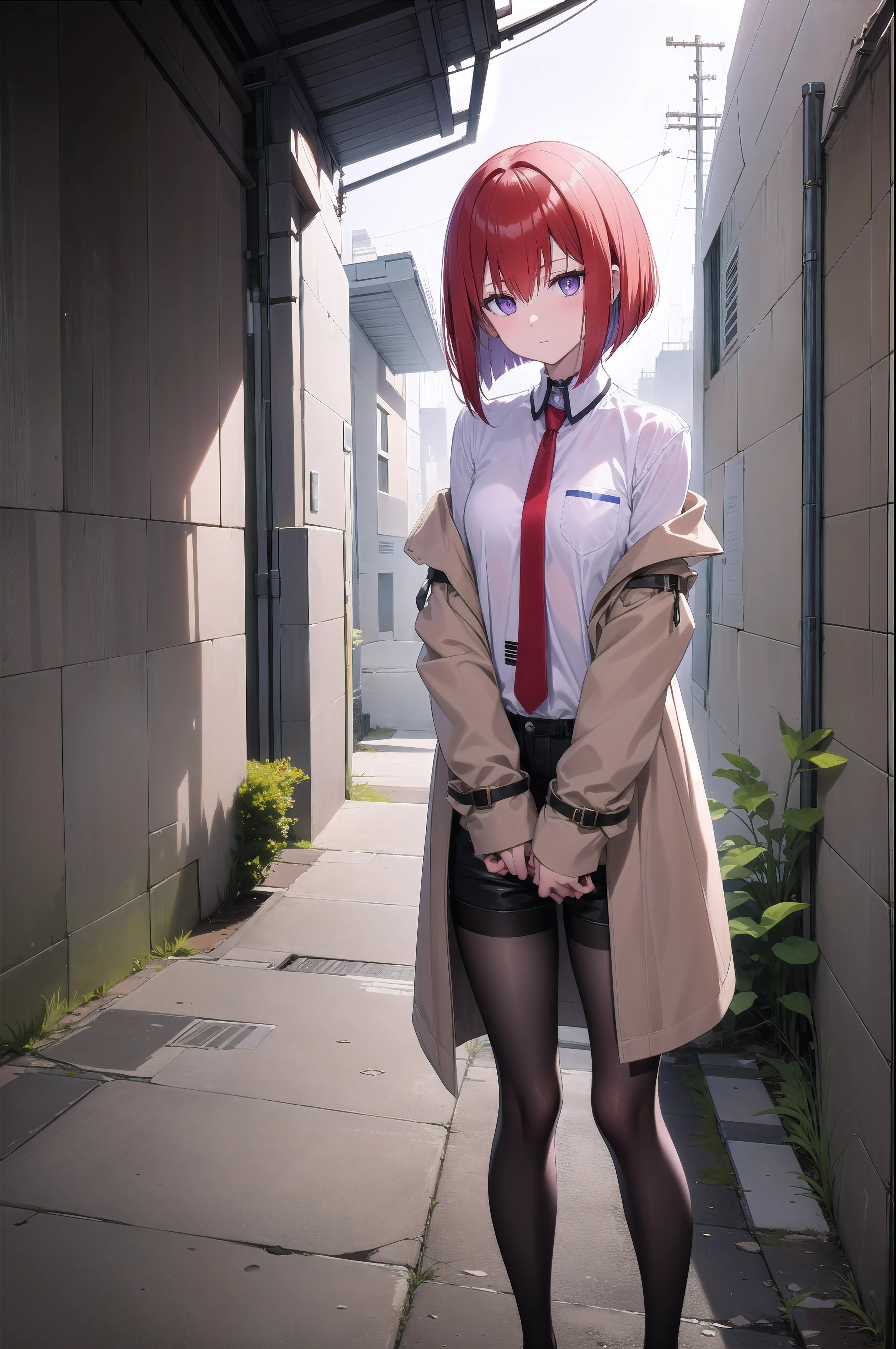 kurisu makise, hair between eyes, bobhair, short-hair, short bob hair, (((bobcut))), bob haircut, very short bob cut, lip length hair, blunt ends, (sliced_bob), buzzed nape ((haircut:1.3)), undercut, bobbed hair, minibob, sidecut, shaved, graduation bob, straight short hair, short hair above the ears, (purple eyes:1.1), red hair, straight hair, black pantyhose, black shorts, brown coat, coat, collared shirt, long sleeves, necktie, pantyhose, pantyhose under shorts, shirt, short shorts, shorts, sleeves past wrists, white shirt, wing collar, Standing against a wall in a cyberpunk city of the future, staring ahead with a detached gaze