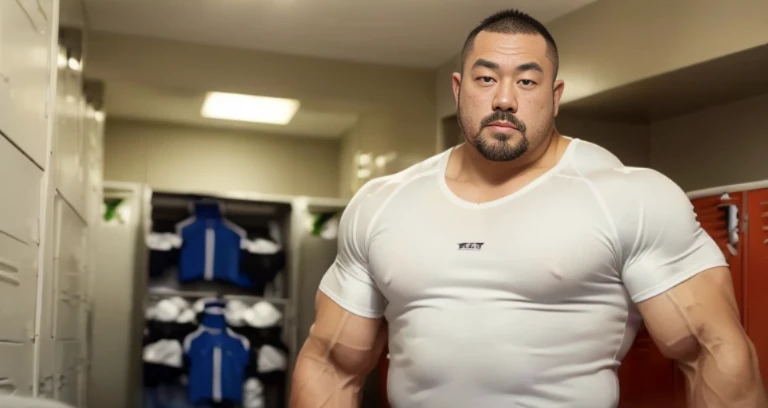 (glaring:1.4), (wrestling uniform:1.5), (at club locker room:1.4), Japanese man, Chinese man, Korean man, Taiwanese man, manly face, fat face, (round face:1.4), (monolid eyes:1.2), (buzz cut:1.4), very large and strong body, bulky body, beefy muscles, (bulging muscles:1.4), (very large pectoral muscles:1.4), (muscular arms:1.4), muscular abs, muscular legs, muscular back, brightens oily skin, master piece, (realistic:1.4), panorama, distant view