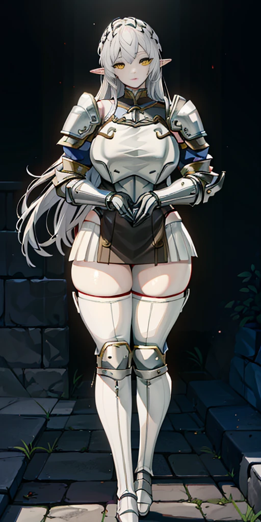 masterpiece, best quality, high quality, 1solo white SKIN elf, long hair, white hair, yellow eyes, full body, def_effie, blue breastplate, looking at viewer, shiny,armor, thighhighs, high boots,shoulder armor, faulds, poleyn, gloves, gauntlets