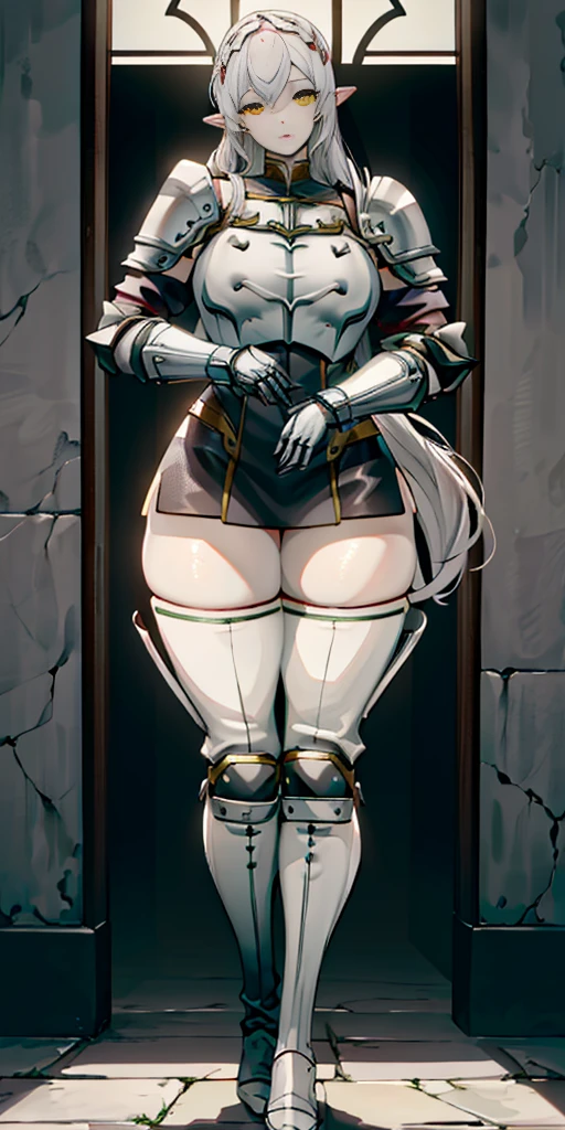   girl,armor, bare breasts, pelvic curtain, groin,((flat chest)),slender,long hair,(li),white hair,(((helmet))), prison, collar, handcuffs, 