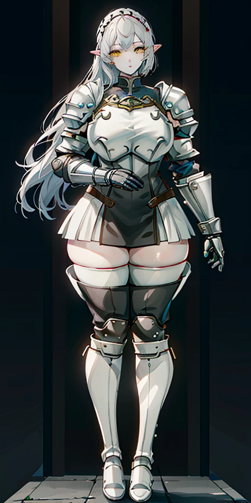 masterpiece, best quality, high quality, 1solo white SKIN elf, long hair, white hair, yellow eyes, full body, def_effie, blue breastplate, looking at viewer, shiny,armor, thighhighs, high boots,shoulder armor, faulds, poleyn, gloves, gauntlets