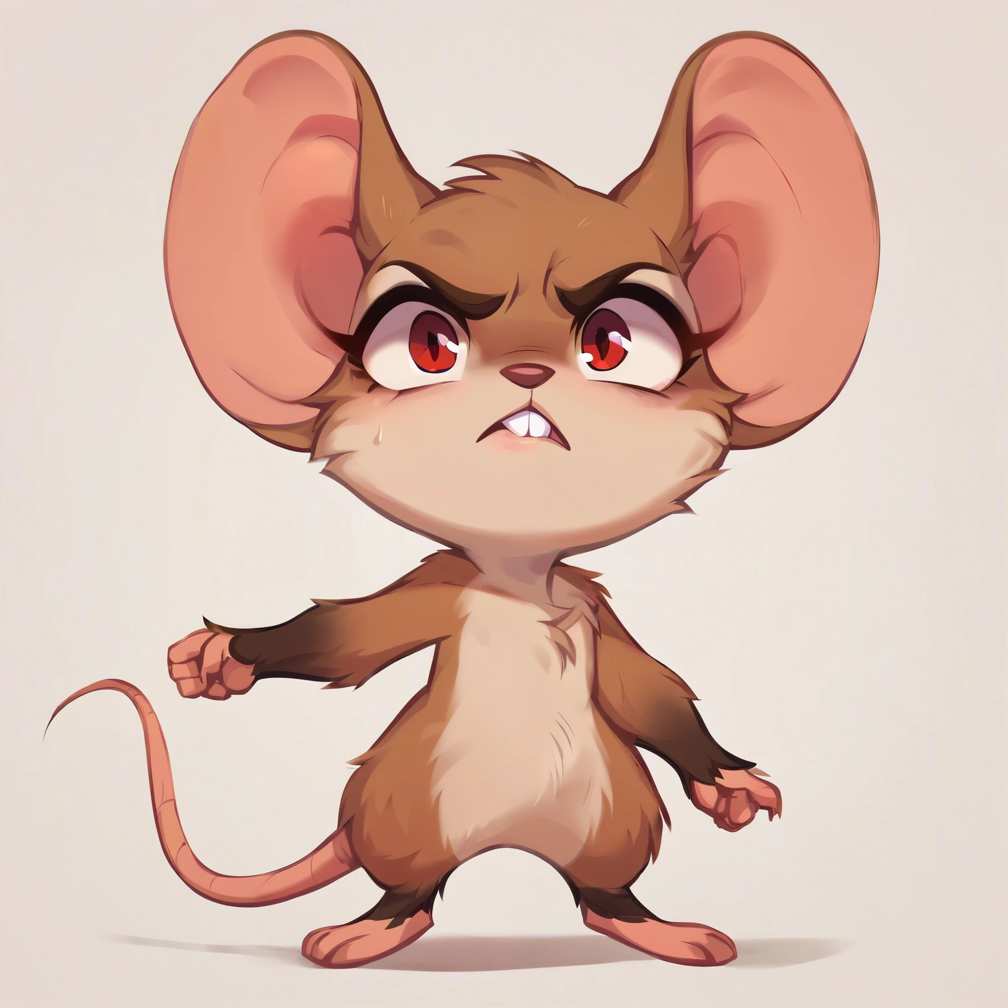 score_9, score_8_up, score_7_up, score_6_up, score_5_up, score_4_up, show accurate, full body, hungry body, simple background, (solo), (semi anthro), mouse, female mouse, standing, (light brown dull fur), red eyes, determined look,