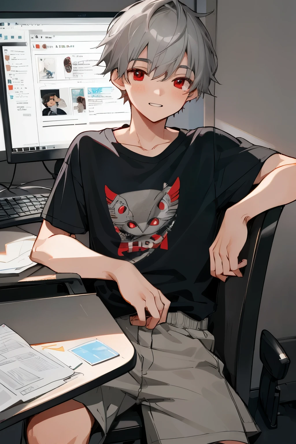 Laid-back smile childish boy with gray hair and red eyes, intently focused on PC work, high definition Instagram icon image, 1.0 scale, detailed, gray haired boy, red eyes, cheerful expression, working at computer, background omitted, boy image, used as Instagram icon, s2 size, high resolution, casual attire, t-shirt and shorts, relaxed posture, leaning back in chair, childlike features, rosy cheeks, high level of detail, lifelike rendering, capture the essence of a young, playful, and intelligent boy.