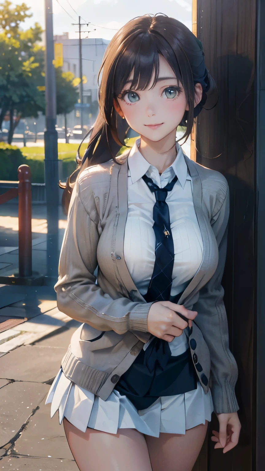 (masterpiece:1.2, top-quality), (realistic, photorealistic:1.4), beautiful illustration, (natural side lighting, movie lighting), 
looking at viewer, cowboy shot, front view:0.6, 1 girl, japanese, high school girl, perfect face, cute and symmetrical face, shiny skin, 
(long hair:1.4, high ponytail:1.7, light brown hair), hair between eye, emerald green eyes, long eye lasher, (large breasts:0.9, thick thighs), 
beautiful hair, beautiful face, beautiful detailed eyes, beautiful clavicle, beautiful body, beautiful chest, beautiful thigh, beautiful legs, beautiful fingers, 
((long sleeve white collared shirts, navy pleated miniskirt, navy tie, light grey cardigan)), pink panties, 
(beautiful scenery), evening, riverside, walking, hands on chest, (lovely smile, upper eyes), 