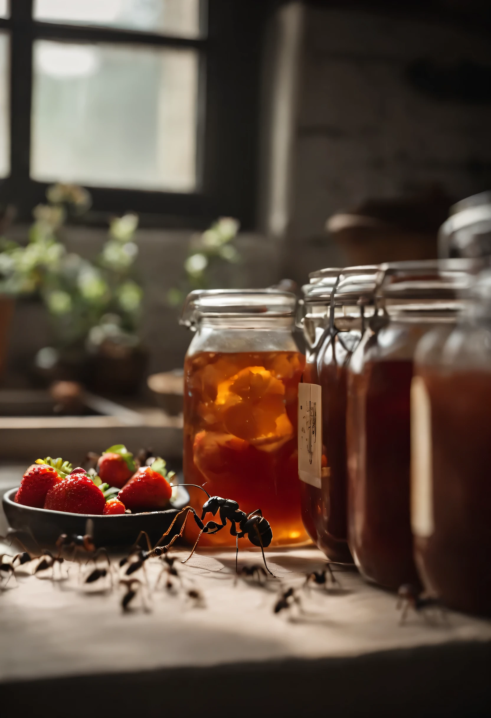 Strawberry jam and marmalade jars in the kitchen、(((A huge number of Ants are swarming around the jam、So many ants that the kitchen is completely black、Ants、Ants)))、