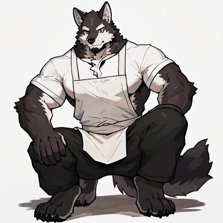 1 boy, solo, anthropology, wolf, hairy, black and white fur, A place where people congregate Sparkling blue eyes, Big pink‚ with big abs‚muscular, handsome, apron, black pant, white shirt, lay on ground, high quality, super detail, 1080P, high quality, high quality, best quality, 8k, super detail, 16k, white background