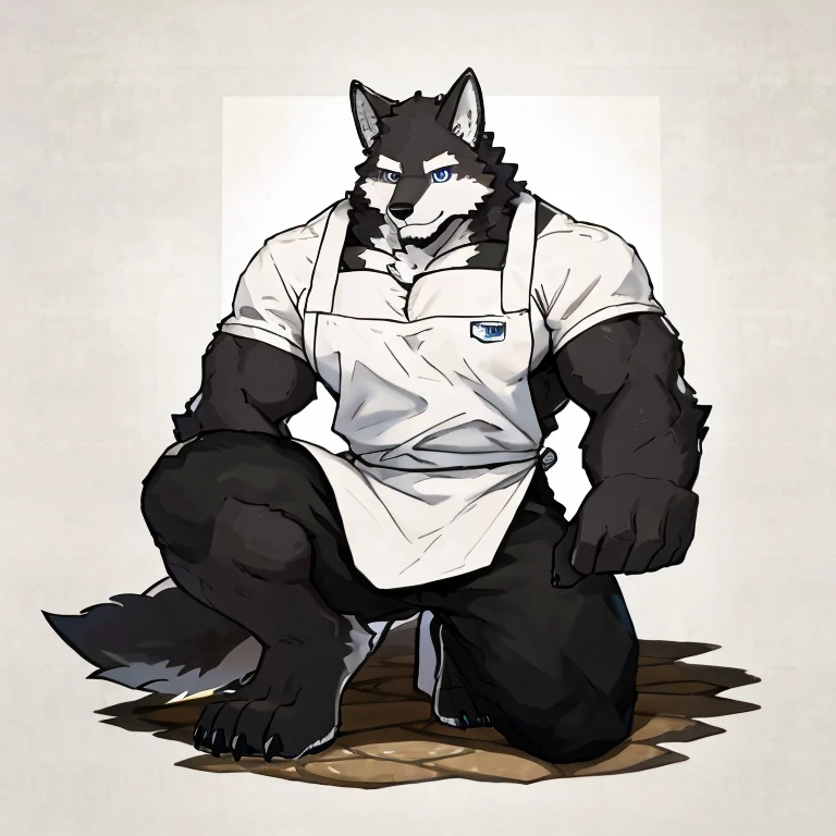 1 boy, solo, anthropology, wolf, hairy, black and white fur, A place where people congregate Sparkling blue eyes, Big pink‚ with big abs‚muscular, handsome, apron, black pant, white shirt, lay on ground, high quality, super detail, 1080P, high quality, high quality, best quality, 8k, super detail, 16k, white background