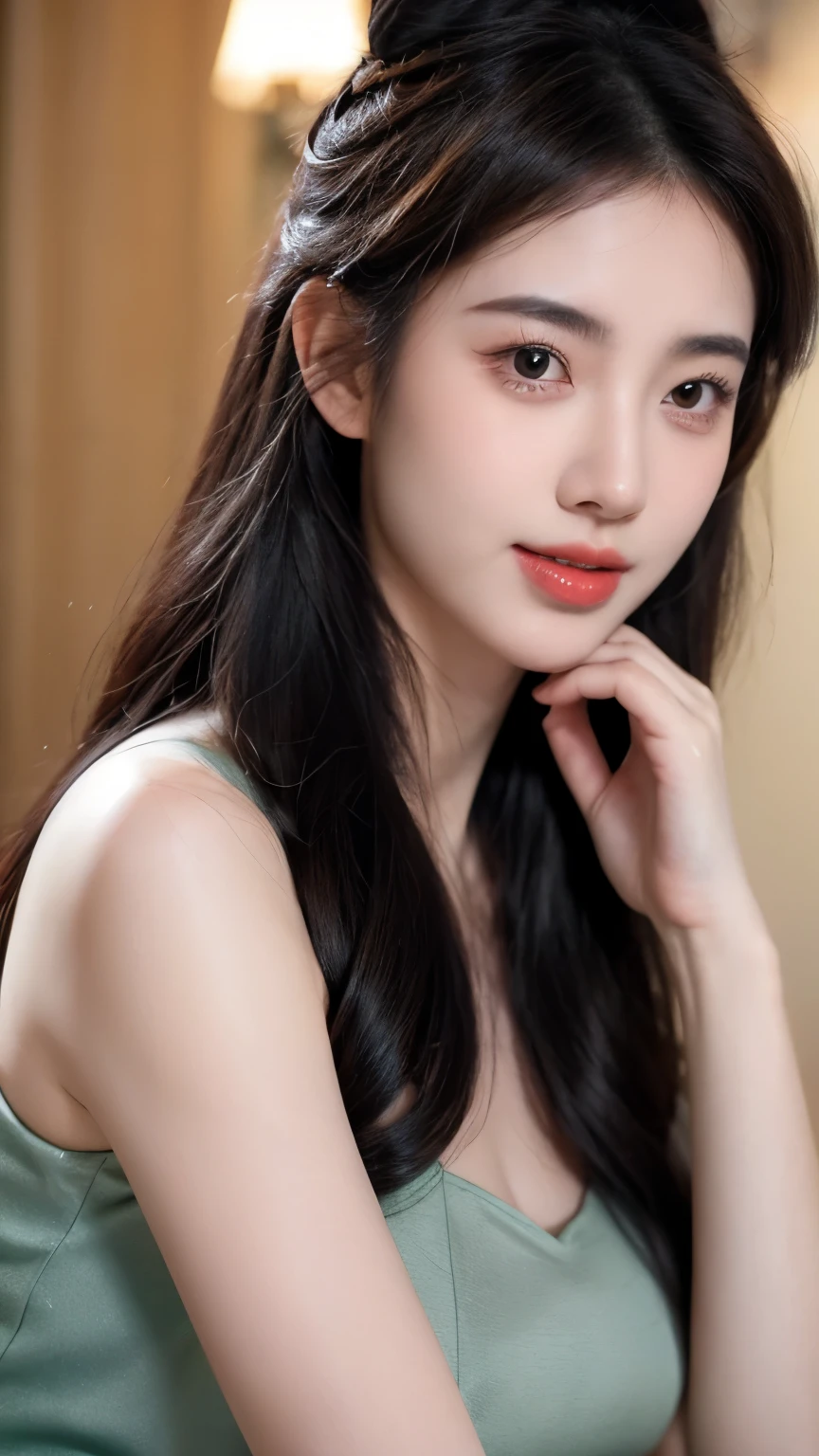 （lifelike,High resolution：1.3）， full body photography，Smile，A slim girl， The face shape and eyes are super delicate,black hair,The lips are rosy and shiny,(pretty face), (best quality), (super detailed), (Extremely detailed CG unified 8K wallpaper),Full body photography，green dress，(model photos),big eyes,(eternal)，Eyes look at the audience，big breasts:2.0，character-centered,