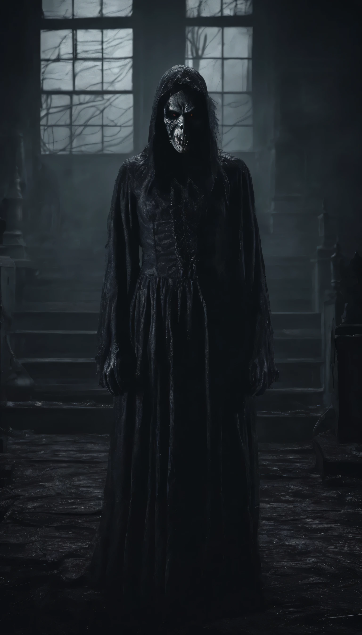 Demonio en el fondo, horror movie scene, fantasmas, monstruo, Vampiros, Dark and gloomy day. muy detallado. 8K. UHD detallado, aterrador, mujer en primer plano