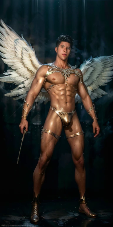 Ultra high resolution, best quality, photograph, 4k, (photographrealistic: 1.4), movie light, The male angel has large translucent wings., A shirtless, muscular man., Abdominal muscles wearing medieval gold armor, Fine fur, feThe male angel has large translucent wings., muscular woman, Abdominal muscles wearing medieval gold armor, Fine fur, cyberpunk environment, Environment with snow and ice in the background, ice cathedral, Portal of the future, Three-dimensional lighting, HD, magic, god of light, Backlight, detailed face, contrast, smooth skin, soft hands, correct anatomy, five fingers.crotch tung,Big target,big egg,The crotch is long and large and tight..