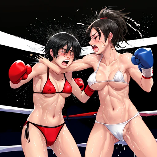 Two beautiful, young female boxers are boxing hard in the octagon. They are thrusting their fists toward their opponents. Their eyes are closed and their mouths are open. They are in ecstasy. They are scarred and very sweaty. Drooling. Black hair. Shortness of breath. Very erect nipples. Sweating and bleeding. Her love juice is gushing out of her anus. Milk spurting from her nipples. Boxing gloves. High-leg bikini.