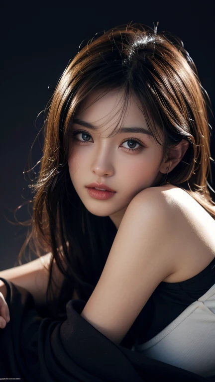 masterpiece, best quality, illustration, Super detailed, fine details, high resolution, 8k wallpaper, Perfect dynamic composition, Beautiful and delicate eyes , Open mouse, Sexy face,There is a feeling of ecstasy on the face,Facing the peak of sexual arousal, looking at the audience, ((dark background)), mark demstead style