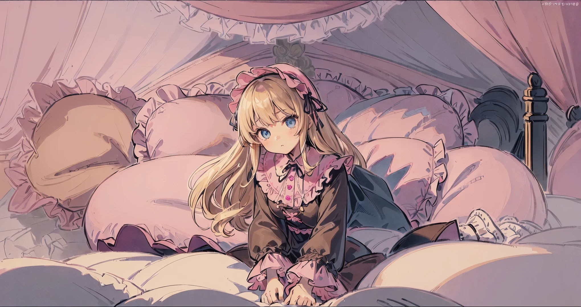 ,highest quality, masterpiece, highest resolution, artwork, super それにget used to it, many get used to it, get used to it, それにget used to it, 3K anime illustration,(( girl)),Super detailed baby face,hty small face,blue eyes,白い肌のeuropean,pajamas, european,(((super long blonde hair))),curly hair,blue eyes,((((ピンクのロリータファッションのlong skirtのワンピースドレス)))),((Pink nightgown with lots of frills and ribbons),((Luxurious nightcap with frills and ribbons)),detailed headdress,,(((big yoke collar))),Yoke collar with ruffles and ribbons,((((long sleeve)))),ruffle sleeves,((((long skirt)))),white ruffle and lace socks,large frill and ribbon pillow,(((Nice pink outfit))),豪華なcanopy bedの上,canopy bed,The bed is surrounded by luxurious curtains,many frilly pillows on the bed,There are many frilly pillows behind the girl.,super detailed background,detailed bed,soft pink comforter,Highly detailed soft ruffle pillow,Beautiful girl illustration,detailed beautiful face,thin hair,detailed eye ,detailed eyes,detailed mouth, arm details,fine hands,Detailed pillow,wide bed,Illustration on the bed, ,((((round futon)))),((((A large ruffled futon that covers the entire bed)))),detailed comforter,detailed bedシーツ,Before bedtime,romantic atmosphere,palace bedroom,((((The lower half of the body is hidden under the futon and the puffy skirt........)))) The girl is leaning on a pile of pillows, ,((((round futon)))),((((A large ruffled futon that covers the entire bed)))),((((not wearing shoes)))),