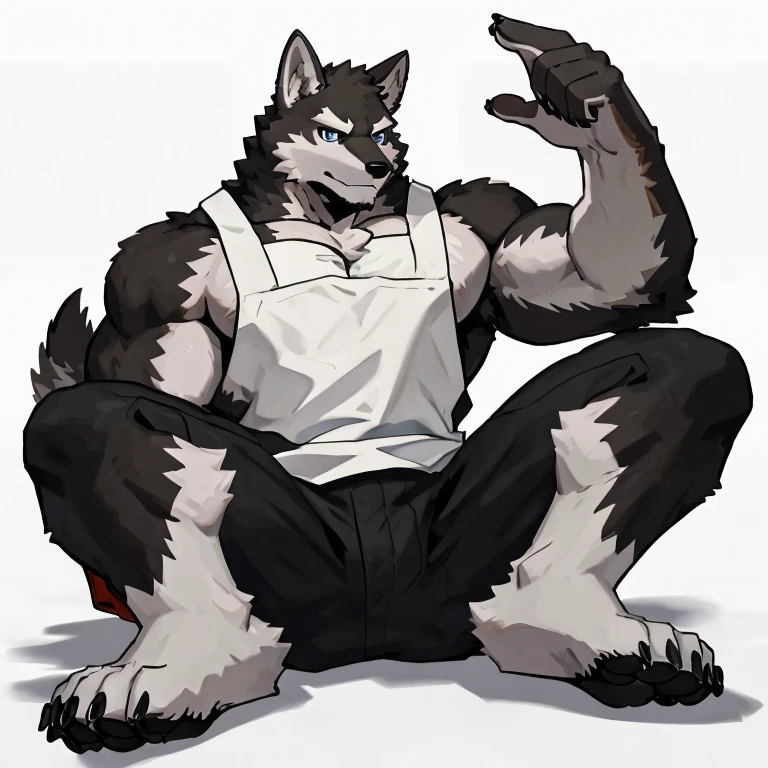 1 boy, solo, anthropology, wolf, hairy, black and white fur, A place where people congregate Sparkling blue eyes, Big pink‚ with big abs‚muscular, handsome, apron, black pant, white shirt, lay on ground, lie, high quality, super detail, 1080P, high quality, high quality, best quality, 8k, super detail, 16k, white background