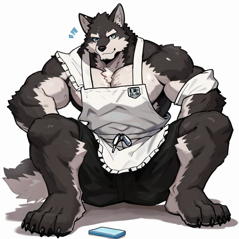 1 boy, solo, anthropology, wolf, hairy, black and white fur, A place where people congregate Sparkling blue eyes, Big pink‚ with big abs‚muscular, handsome, apron, black pant, white shirt, lay on ground, lie, high quality, super detail, 1080P, high quality, high quality, best quality, 8k, super detail, 16k, white background