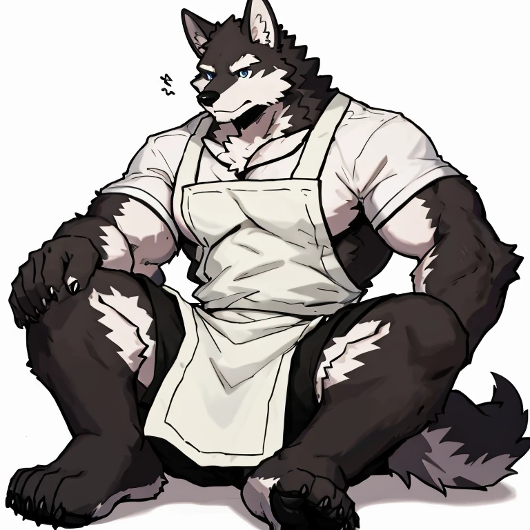 1 boy, solo, anthropology, wolf, hairy, black and white fur, A place where people congregate Sparkling blue eyes, Big pink‚ with big abs‚muscular, handsome, apron, black pant, white shirt, lay on ground, lie, high quality, super detail, 1080P, high quality, high quality, best quality, 8k, super detail, 16k, white background