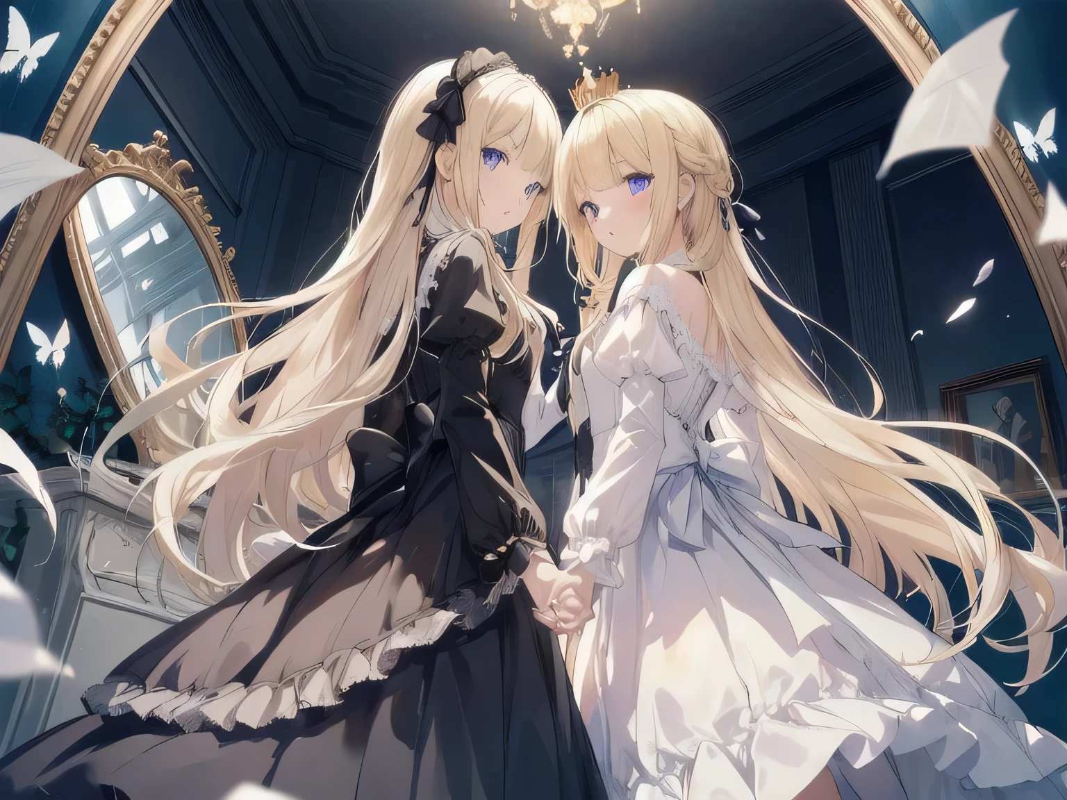 masterpiece, highest quality,2 girls,cute,cute,floating hair, golden hair, long hair, hair tip wave, hair down, transparent, light blue eyes, white frills,classical dress, ta, Alice in the Country of Mirrors, small crown, Dear Queen, black lolipurple eyes, mirror, inside the castle, Western-style building,Crystal butterfly,Tyndall effect,evening,cinematic lighting, stirring,dream-like,great scene,shine,chess,Crystal Dream, two girls、holding hands、inside the castle、classical dress、black lolita、W lolita、amazihiny golden long hair,blonde, white clothes,frills, small crown, Queen, golden hair, eyes are purple、This is a cute sweet girl,soft girl, lolita,Alice in Country of Mirrors, chess, mirror room, Are standing, Are standing in front of the mirror and look at yourself, mirrorに向かってholding hands, from behind, from below, Chess room,I'm going to the mirror world,The entire large room is shown,chess plate, large room