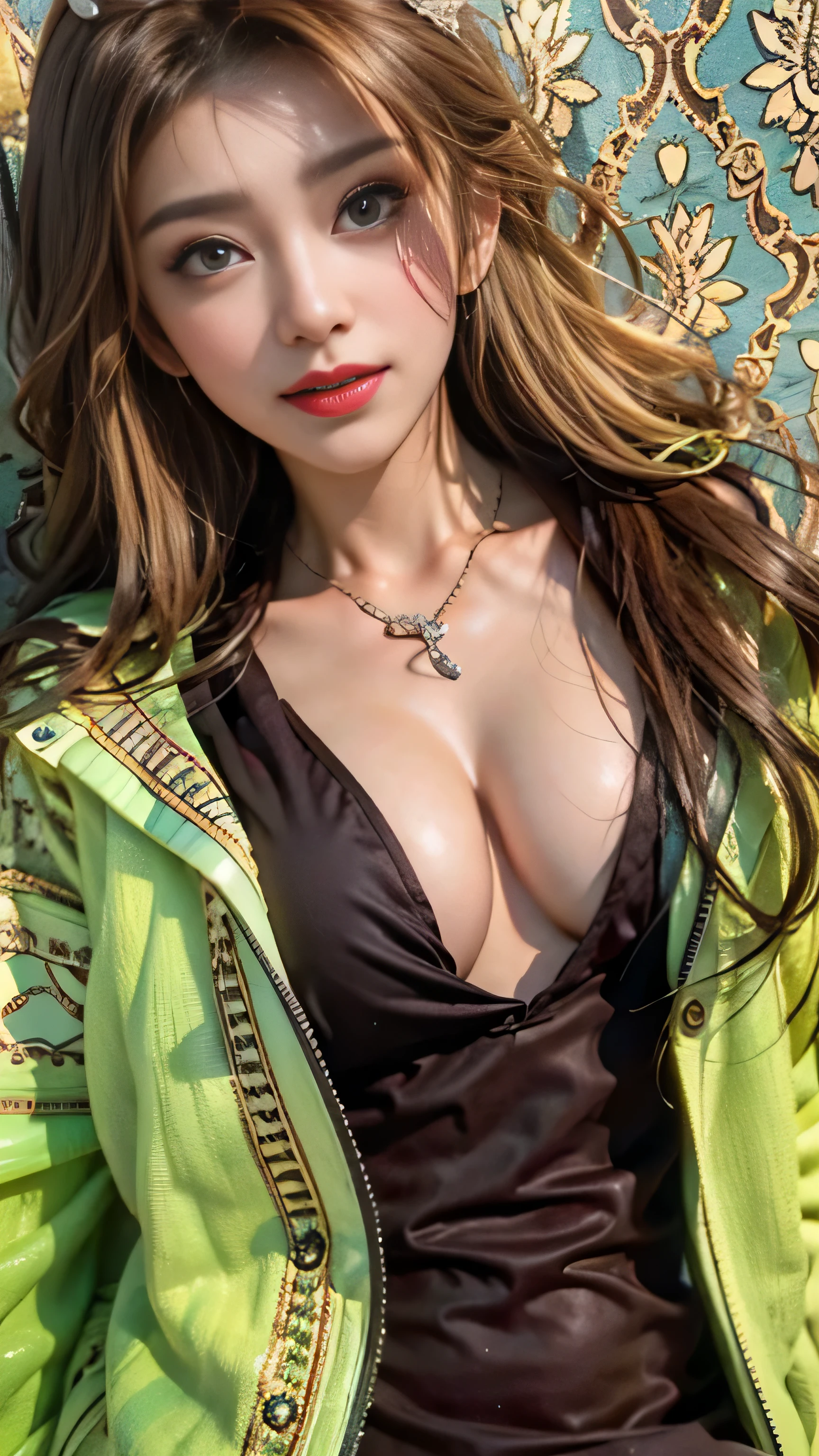 realistic, High resolution, soft light,1 female, alone, hip up, (detailed face), jewelry, streetwear, beauty model, Eyes that invite the viewer, Spouse&#39;perspective, attractive appearance, sexy smile, perfect style, perfect balance, fine skin, naughty look, I can see your breasts