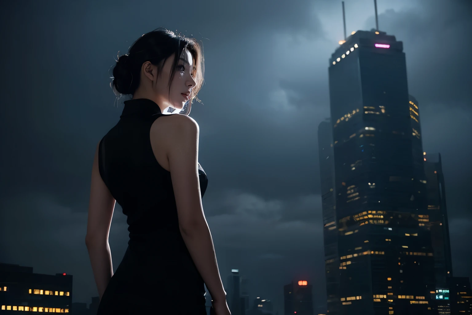 from side below, (cowboy:1.4), tech noir, calm cyberpunk style, dark cyberpunk atmosphere, Ominous Cloud-lit fantasy Art, dark skyscrapers, subtle accent light, 1 girl, half updo, diffused natural skin glow, black silk sleeveless cheongsam, masterpiece, best quality, realistic digital art, detailed clothe