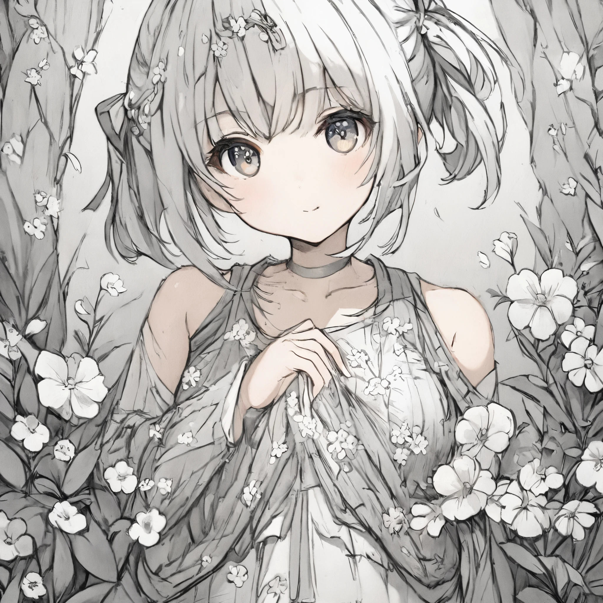 sketchnime,  highly detailed portrait of a beautiful girl, Her eyes reflecting the freshness of spring morning, petals of blooming flowers cascading down her chest and shoulders