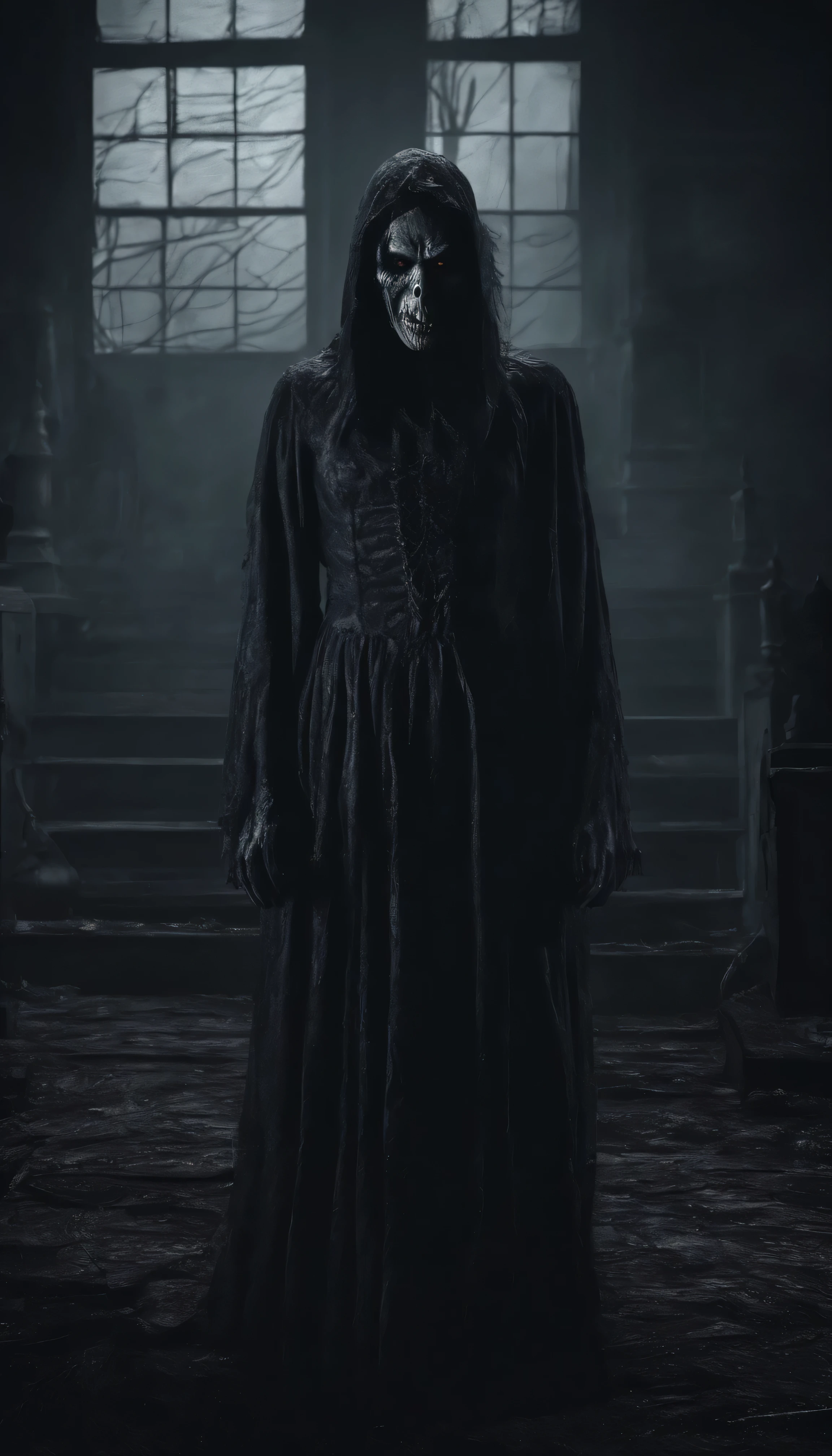Demonio en el fondo, horror movie scene, fantasmas, monstruo, Vampiros, Dark and gloomy day. muy detallado. 8K. UHD detallado, aterrador, mujer en primer plano