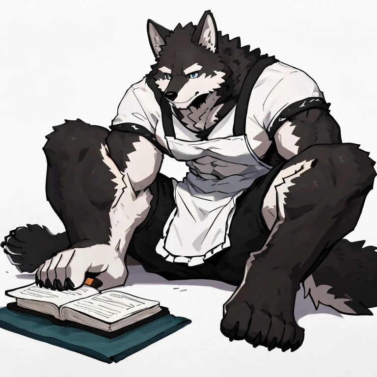1 boy, solo, anthropology, wolf, hairy, black and white fur, A place where people congregate Sparkling blue eyes, Big pink‚ with big abs‚muscular, handsome, apron, black pant, white shirt, lay down on ground, lie, high quality, super detail, 1080P, high quality, high quality, best quality, 8k, super detail, 16k, white background