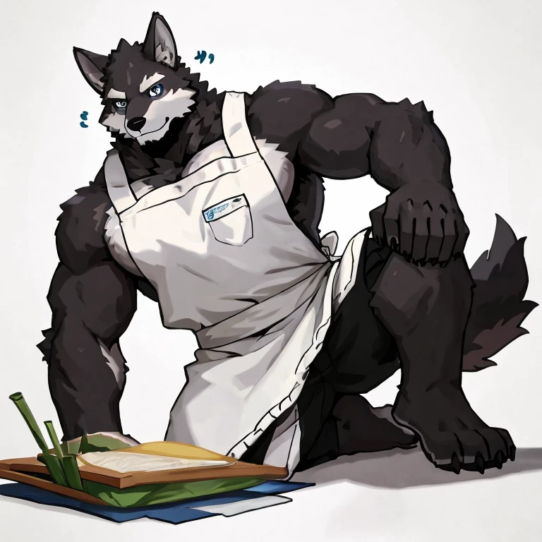 1 boy, solo, anthropology, wolf, hairy, black and white fur, A place where people congregate Sparkling blue eyes, Big pink‚ with big abs‚muscular, handsome, apron, black pant, white shirt, lay down on ground, lie, high quality, super detail, 1080P, high quality, high quality, best quality, 8k, super detail, 16k, white background