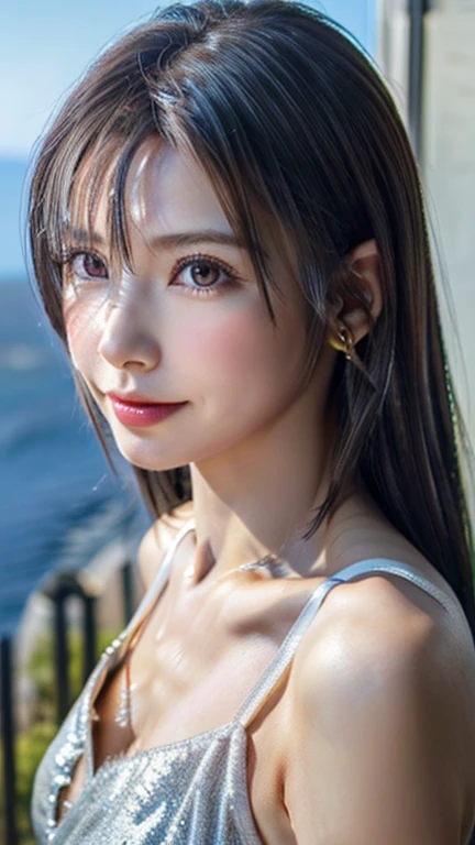 8K、ultra high resolution、realistic、Raw photo, highest quality, masterpiece:1.2、(realistic, photo-realistic:1.37),high contrast,　table top, Pull the camera、half body image、elevation angle、(((look at the camera)))、　　very beautiful and nice、18 year old model girl alone、Eye-catching beauty、Beauty that draws you in、shiny shiny white shiny skin、realistic skin texture:1.2、　best looks、　Silver-gray hair with dazzling highlights、shiny bright hair,　thin hair、shiny shiny hair、one eye hair、stick out one ear、delicate hair、platinum short bob hair、　clear attractive blue eyes、rays of light enter my eyes、double eyelid、fine and beautiful eyes, beautifully detailed nose, natural makeup、small face、With a little smile、　ample breasts、firm bust、healthy clavicle、half up bra、(((　outdoor、I can see the sea in the distance、Depth of written boundary:1.5、blurry:1.2　)))、
