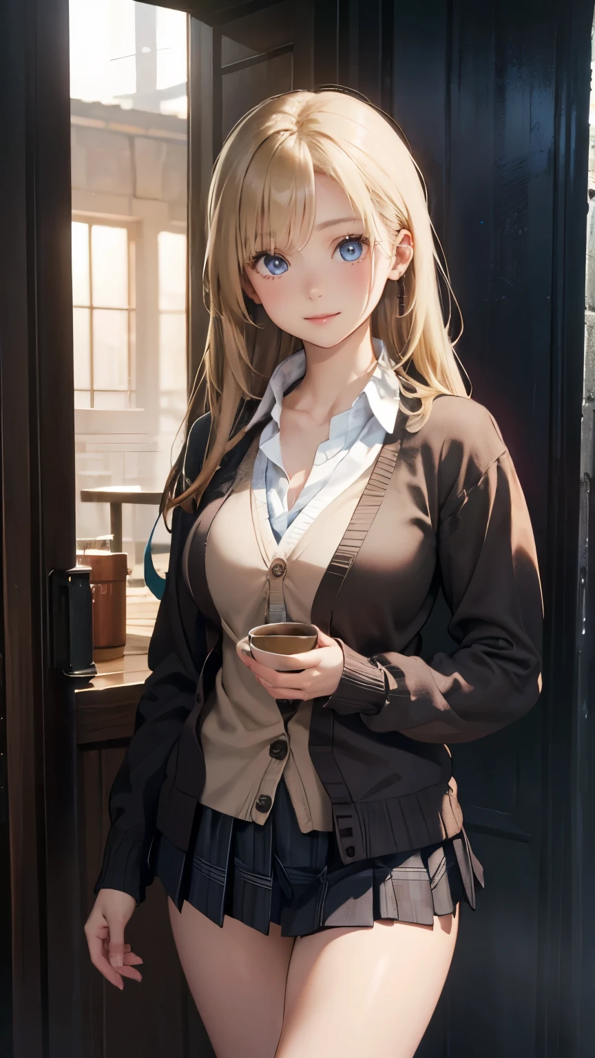 (masterpiece:1.2, top-quality), (realistic, photorealistic:1.4), beautiful illustration, (natural side lighting, movie lighting), 
looking at viewer, 1 girl, japanese, high school girl, perfect face, cute and symmetrical face, shiny skin, babyface, 
(long hair, straight hair, sideburns, (blond hair)), swept bangs, blue eyes, (middle breasts, seductive thighs, big ass), piercings, 
beautiful hair, beautiful face, beautiful detailed eyes, beautiful clavicle, beautiful body, beautiful chest, beautiful thigh, beautiful legs, beautiful fingers, 
(((brown cardigan, close clothes), white collared shirt, black plaid pleated miniskirt)), 
(beautiful scenery), evening, (caffee shop), standing, (lovly smile, upper eyes), 