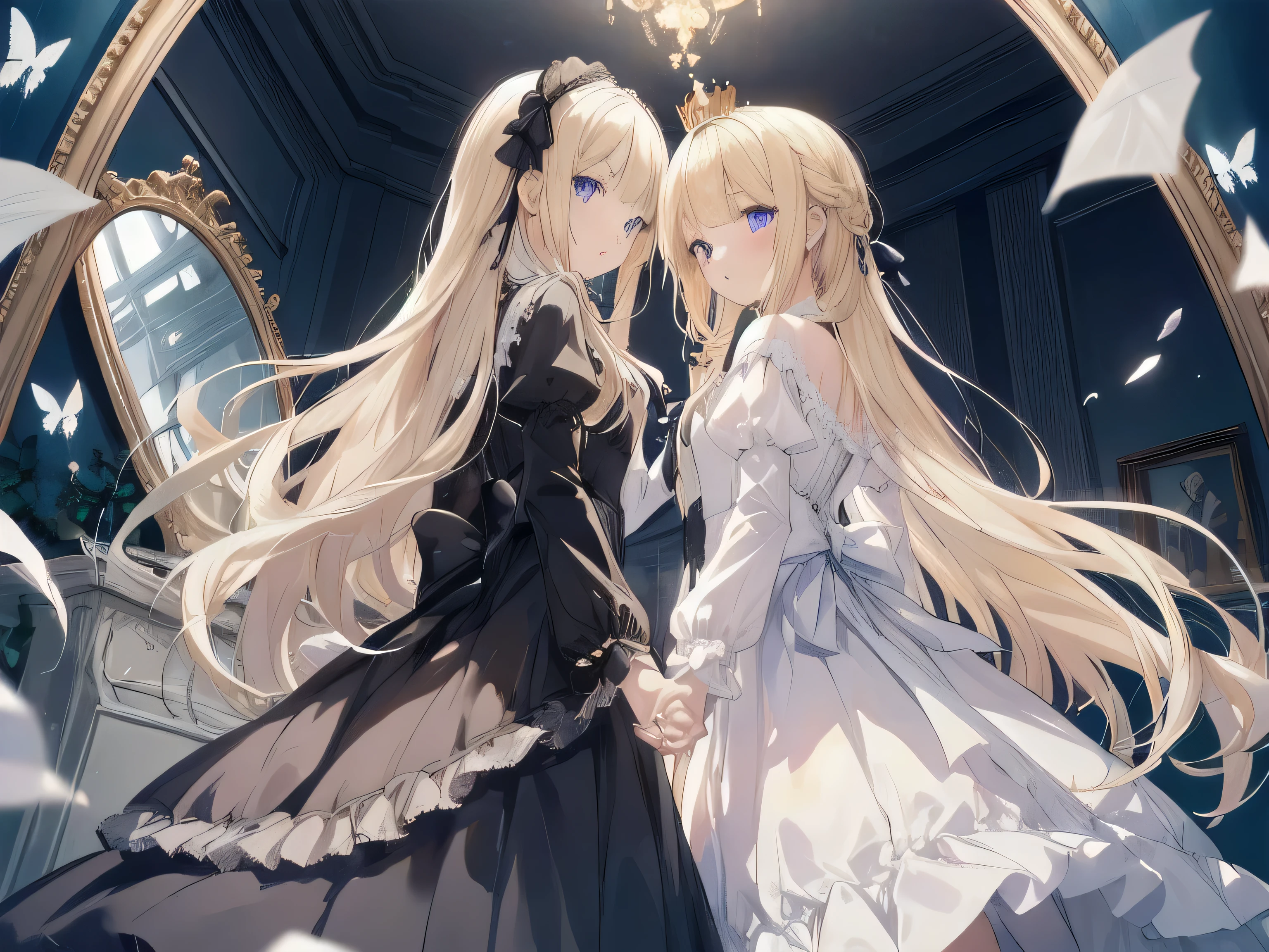 masterpiece, highest quality,2 girls,cute,cute,floating hair, golden hair, long hair, hair tip wave, hair down, transparent, light blue eyes, white frills,classical dress, ta, Alice in the Country of Mirrors, small crown, Dear Queen, black lolipurple eyes, mirror, inside the castle, Western-style building,Crystal butterfly,Tyndall effect,evening,cinematic lighting, stirring,dream-like,great scene,shine,chess,Crystal Dream, two girls、holding hands、inside the castle、classical dress、black lolita、W lolita、amazihiny golden long hair,blonde, white clothes,frills, small crown, Queen, golden hair, eyes are purple、This is a cute sweet girl,soft girl, lolita,Alice in Country of Mirrors, chess, mirror room, Are standing, Are standing in front of the mirror and look at yourself, mirrorに向かってholding hands, from behind, from below, Chess room,I'm going to the mirror world,The entire large room is shown,chess plate, large room