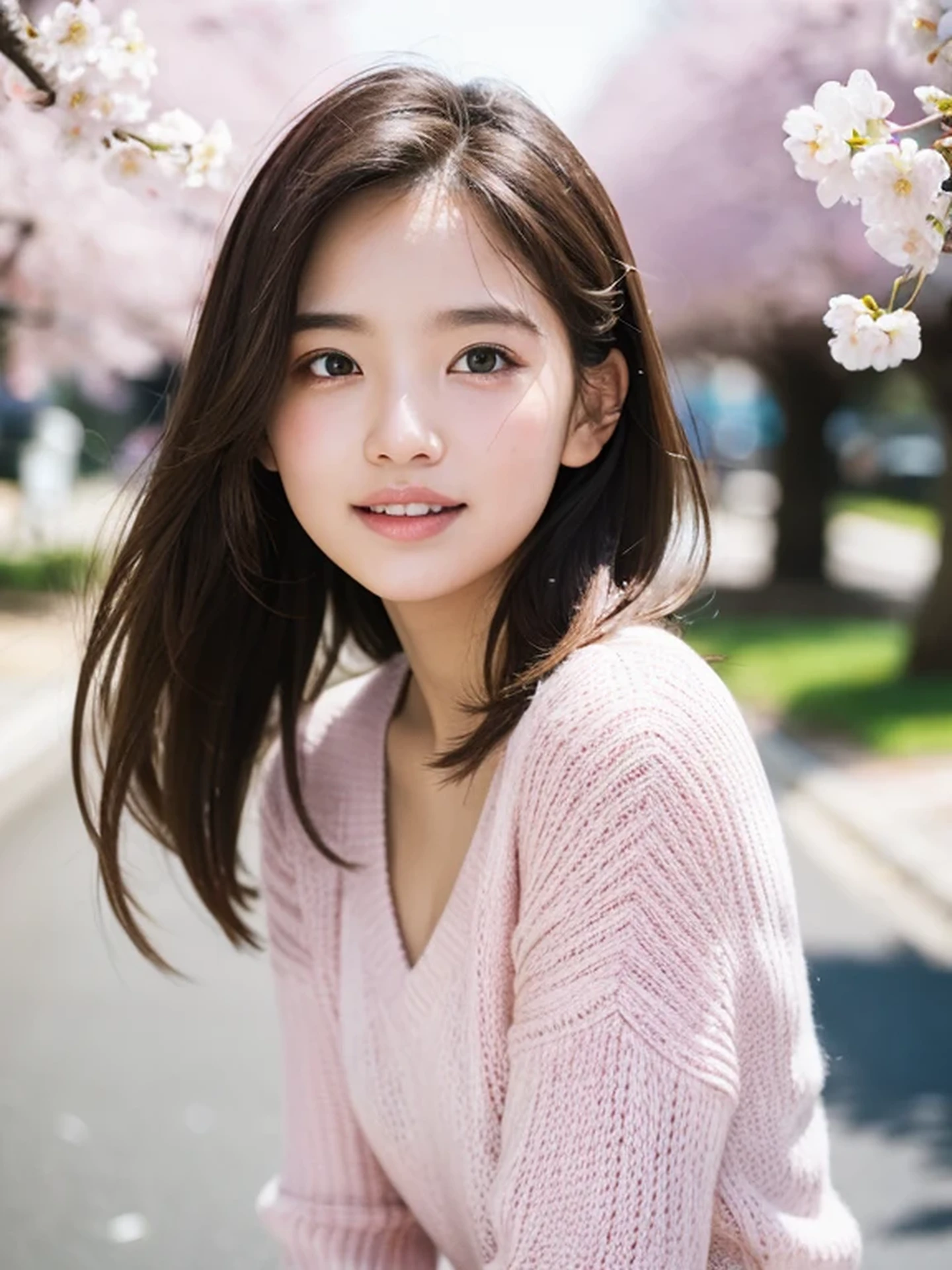 masterpiece, Best Quality, Raw photo, 8K, ultra-detailed face, 1girl, Beautiful detailed skin, backlight, soft light, bashful, (shoot from front:1.2), smile, Luminescent, Anatomically correct, Medium hair swaying in the wind, Eyes and faces with detailed, Textured skin, Professional Photography, Bokeh, Portrait, Professional Lighting, Solo, Cute, Girly, Film grain, sweater, cherry blossoms