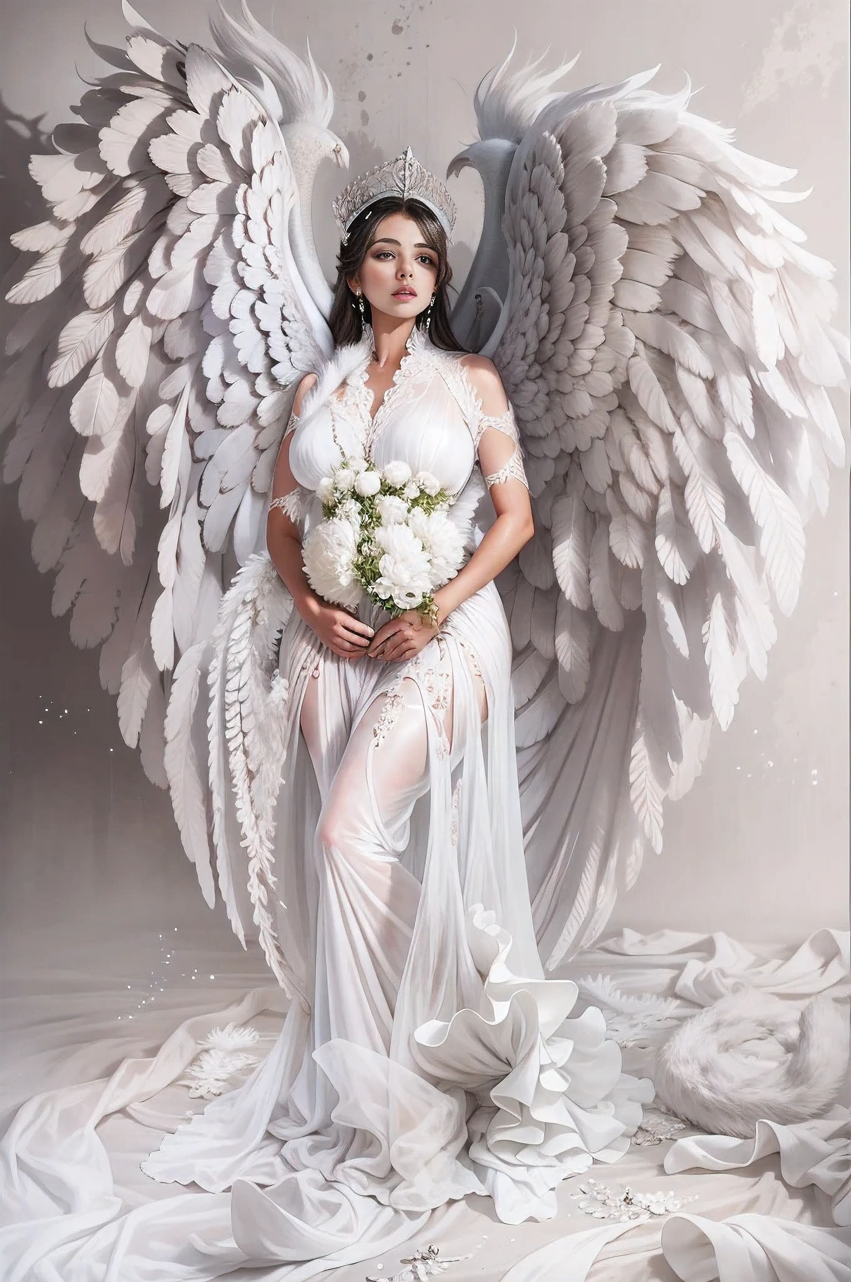 there is a woman in a white dress with angel wings, full - body majestic angel, wide angel, grand angel wings, super wide angel, big angel wings wide open, wide angel shot, wearing angel, of an beautiful angel girl, wearing angel halo, devi wings, full body made of white feathers, by Marie Angel, angelic wings on her back, angelical