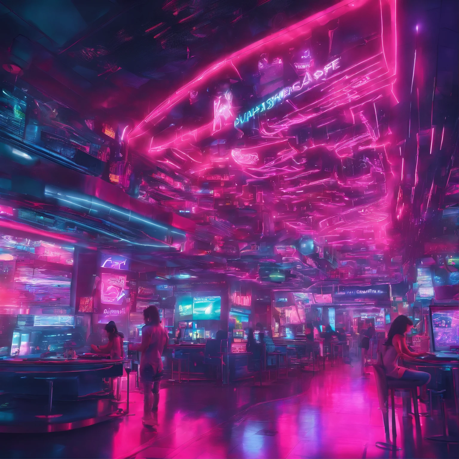 (best quality, 4k, 8k, high definition, masterpiece: 1.2), ultra-detailed, realistic, photorealistic: 1.37, medium: a computer cafe called Mutants, [inspiration] futuristic cyberpunk cityscape, [colors] dark and gloomy , [lighting] neon lights illuminating the surroundings , [sign] Mutant wall text that lights up , [atmosphere] bustling and bright , [technology] advanced digital devices and holographic projections , [interior] sleek and modern interior design, [furniture] futuristic and ergonomic seating and tables, [details] intricate patterns on the walls, [food and beverage] unique and experimental menu items, [signage] bold and eye-catching neon signs with the name Mutant Cafe , [background ] breathtaking background with tall skyscrapers and futuristic, [music] electronics and techno rhythms filling the air, [energy] electrifying and energetic atmosphere, [vibration] center of advanced technology and innovation, [shoppers] a diverse gathering of people with various creations of architecture , [interaction] lively conversations and interactions between customers and staff, [new technology] drones and flying vehicles flying past windows with Mutants advertising, [signs] writing on the wall with the name Mutants