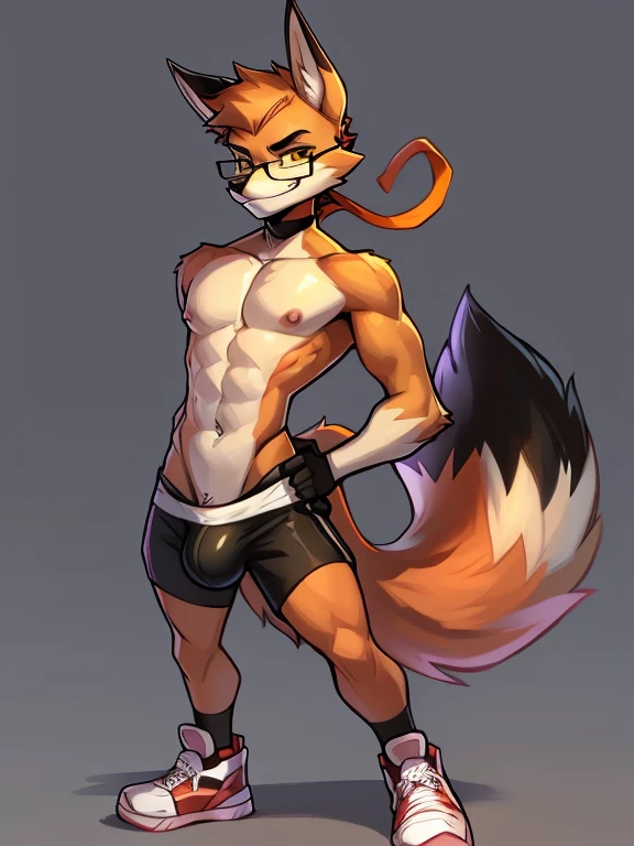 Male, fox，detailed yellow eyes, long tail, big nipples, slim, sly, simple background,sneakers, smirk, bulge,  glasses, tail wrapping around body