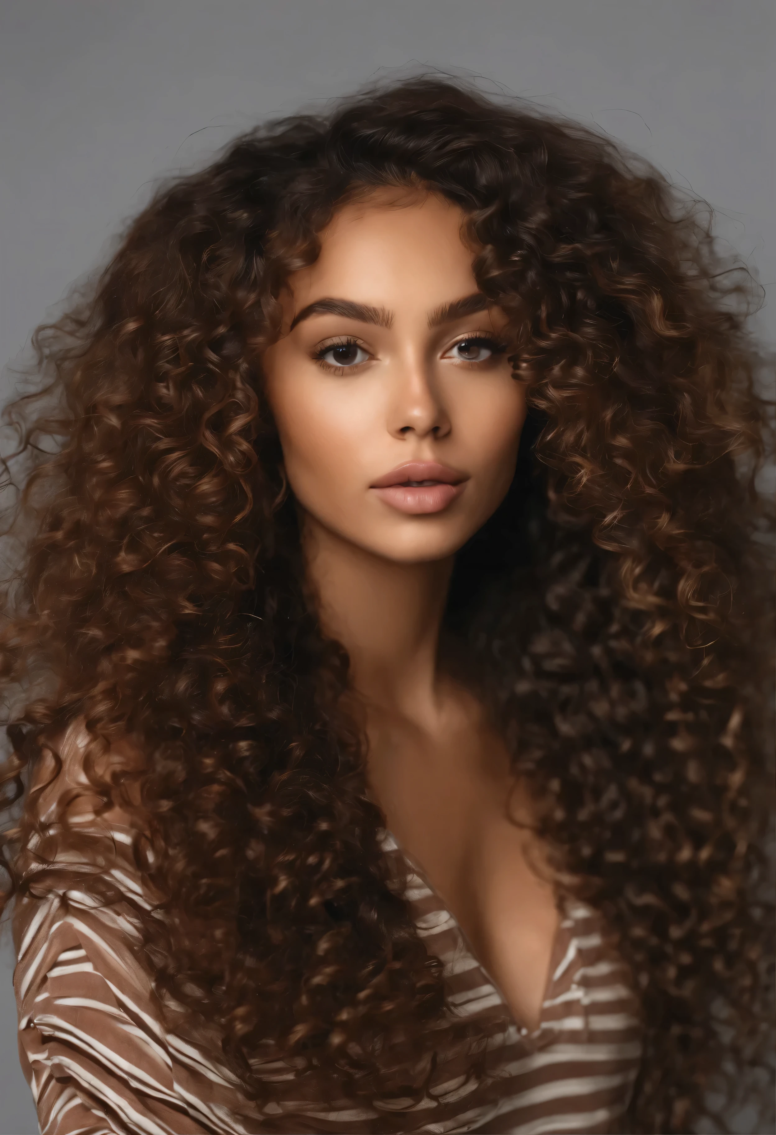 a woman with long curly hair wearing a striped top, portrait sophie mudd, mixed race woman, mixed-race woman, brown curly hair, photo of a beautiful woman, curly brown hair, very beautiful young woman, curly haired, beautiful young woman, portrait of vanessa morgan, portrait of a beautiful model, curly middle part haircut, messy curly hair, long curly hair
