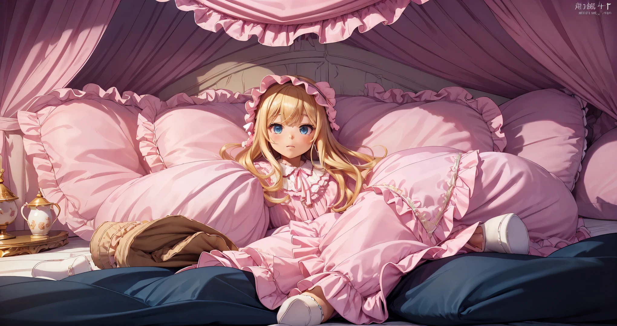 ,highest quality, masterpiece, highest resolution, artwork, super それにget used to it, many get used to it, get used to it, それにget used to it, 3K anime illustration,(( girl)),Super detailed baby face,hty small face,blue eyes,白い肌のeuropean,pajamas, european,(((super long blonde hair))),curly hair,blue eyes,((((ピンクのロリータファッションのlong skirtのワンピースドレス)))),((Pink nightgown with lots of frills and ribbons),((Luxurious nightcap with frills and ribbons)),detailed headdress,,(((big yoke collar))),Yoke collar with ruffles and ribbons,((((long sleeve)))),ruffle sleeves,((((long skirt)))),white ruffle and lace socks,large frill and ribbon pillow,(((Nice pink outfit))),豪華なcanopy bedの上,canopy bed,The bed is surrounded by luxurious curtains,many frilly pillows on the bed,There are many frilly pillows behind the girl.,super detailed background,detailed bed,soft pink comforter,Highly detailed soft ruffle pillow,Beautiful girl illustration,detailed beautiful face,thin hair,detailed eye ,detailed eyes,detailed mouth, arm details,fine hands,Detailed pillow,wide bed,Illustration on the bed, ,((((round futon)))),((((A large ruffled futon that covers the entire bed)))),detailed comforter,detailed bedシーツ,Before bedtime,romantic atmosphere,palace bedroom,((((The lower half of the body is hidden under the futon and the puffy skirt........)))) The girl is leaning on a pile of pillows, ,((((round futon)))),((((A large ruffled futon that covers the entire bed)))),((((not wearing shoes)))),