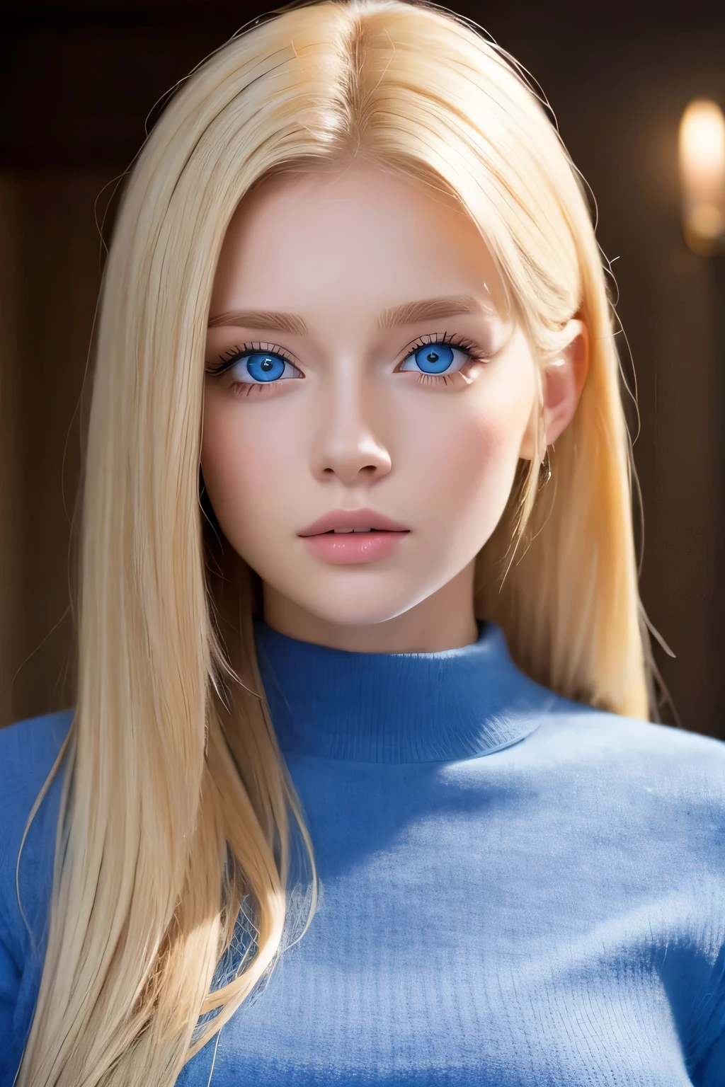 beautiful blonde girl, blue eyes, twenty one years old. hyper realistic