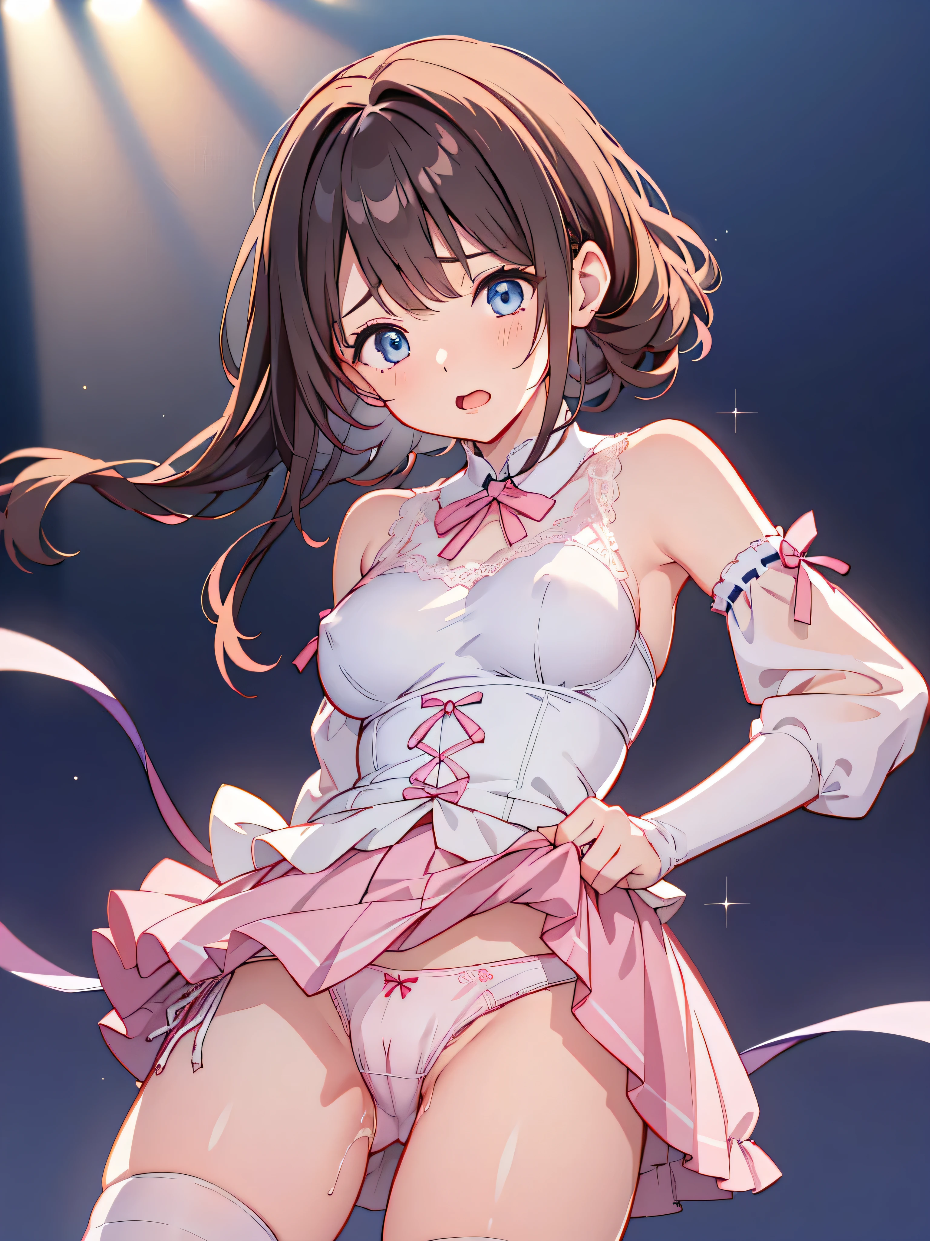 adult woman、exact number of fingers、Exact number of legs、Exact number of arms、bangs, ribbon ponytail, brown hair, (blush:1), (put one hand in your panties:1.8), fingering, (pussy juice:1.2), cum in mouth, (A woman is holding a microphone and is about to sing:1.5)、white and navy idol costume、That costume includes a navy blue idol-style corset., That costume has a ribbon on the collar.、The costume covers the shoulders, sides, upper arms, and arms., That costume only opens wide at the chest.、high socks、white idol style skirt, (Detailed and luxuriously decorated underwear:1.3), Ribbon at collar, (White and pink panties with lots of lace:1.3), white lace bra:1.2), sexy underwear, Thighhighs、 beautiful big breasts, (erect nipples:1), the skirt is turned up、highest quality, High resolution, (detailed and beautiful eyes:1.6), highly detailed face, perfect lighting, Very detailed CG, (perfect hands, perfect anatomy),embarrassed expression、The expression that you are holding back from going to the toilet, (sexual pleasure expression:1.4), (expression of agony:1.2)、sexy look、look upward、mouth half open、Climax、(live stage、a lot of spectators:1.3)、whole body