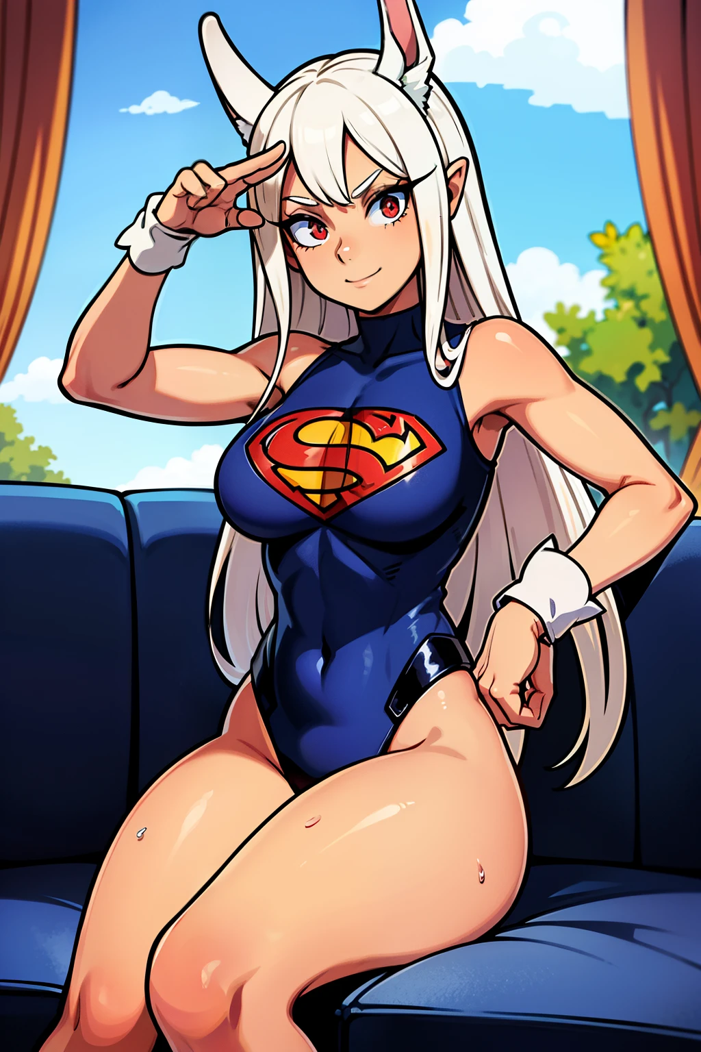 chicas lindas,ojos rojos redondos, cabello blanco、orejas de conejo,sexy、sonriendo,Peinado liso medio a largo、(tetas grandes,vestido de superman,traje de superman,En una casa de alquiler,sitting on the couch,Noche,estaba lloviendo afuera,Upper body is wet..,cuerpo entero,lleva un traje de superman,lleva un traje de superman,orejas de conejo,esta de pie,cuerpo entero