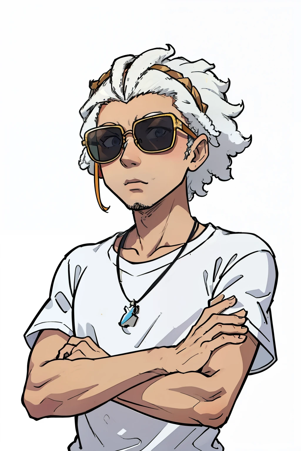 Arte profissional, olhos detalhados, 1 guy, cabelo afro, sunglasses, crossed arms, fundo branco