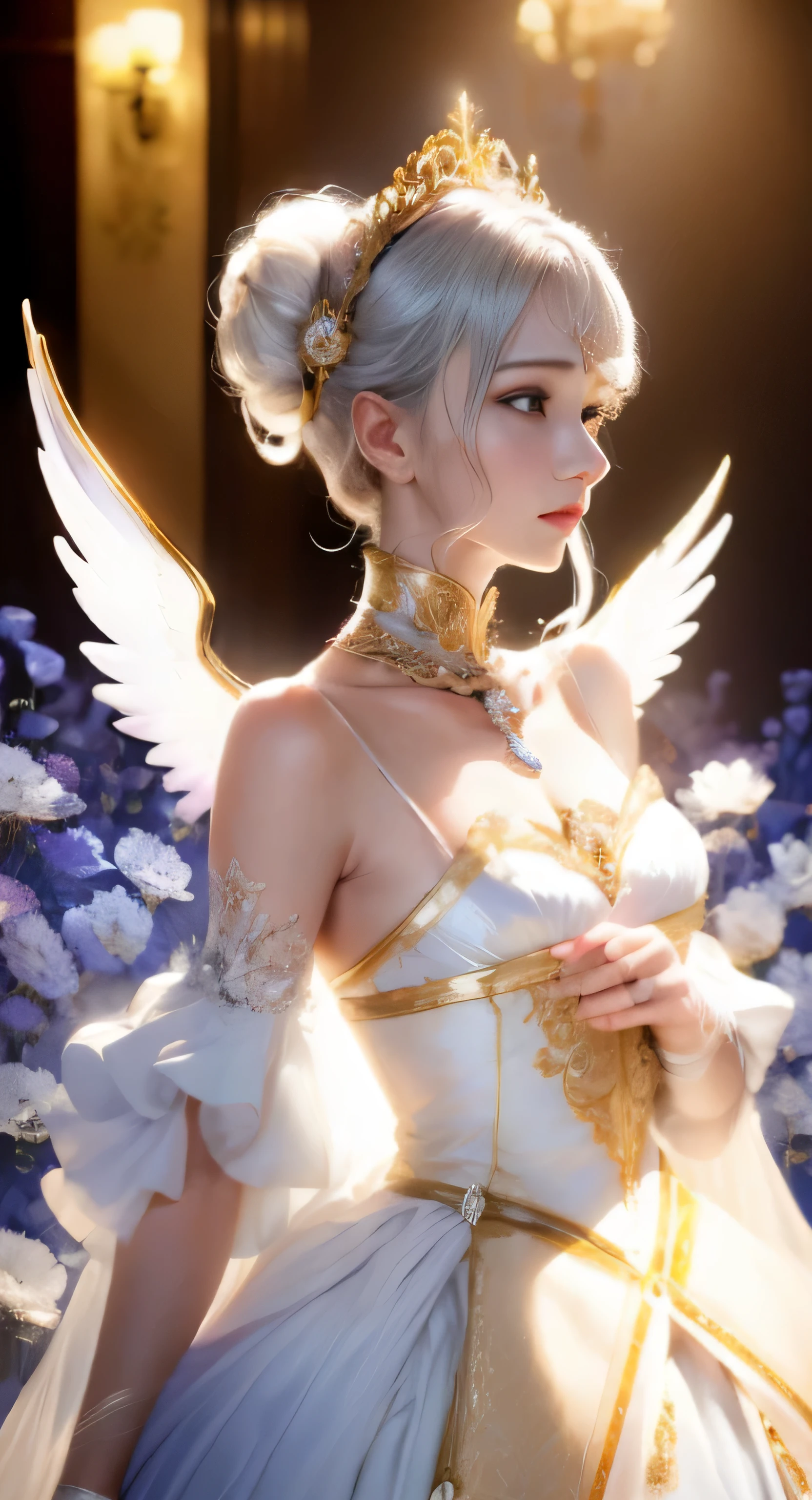 A castle in the distance、face is in front、look at the camera、profile、8K、real photos、ultra high resolution, master parts, highest quality, ticker , cinematic images,A lovely girl、Ann、16 only、ann gross saxon、double eyelid、droopy eyes、very big eyes、eyes are purple、dark eye shadow、lips are very thin、The tip of your nose grows beautifully.......................................................、small nose,,,,, very detailed , silver hair、straight short hair、smile、 sweet expression 、）、very clear shadows , jewelry , fine eyes, extremely difficult, shiny skin , perfect brilliant ann, perfect sentence, dramatic shadow、white tiara on head、gold necklace around the neck、White aristocratic dress with gold embroidery、glass high heels、angel wings