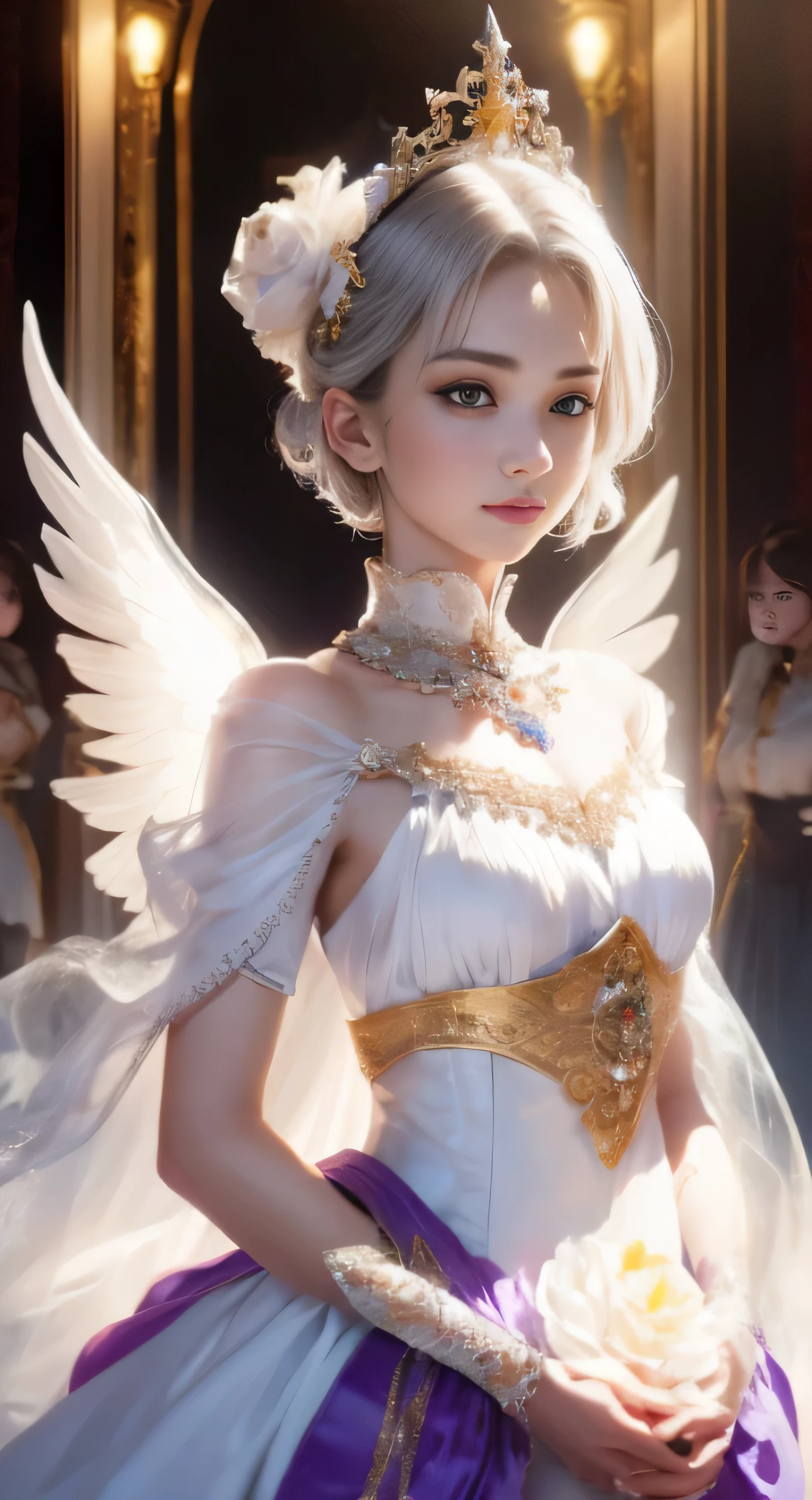 A castle in the distance、face is in front、look at the camera、profile、8K、real photos、ultra high resolution, master parts, highest quality, ticker , cinematic images,A lovely girl、Ann、16 only、ann gross saxon、double eyelid、droopy eyes、very big eyes、eyes are purple、dark eye shadow、lips are very thin、The tip of your nose grows beautifully.......................................................、small nose,,,,, very detailed , silver hair、straight short hair、smile、 sweet expression 、）、very clear shadows , jewelry , fine eyes, extremely difficult, shiny skin , perfect brilliant ann, perfect sentence, dramatic shadow、white tiara on head、gold necklace around the neck、White aristocratic dress with gold embroidery、glass high heels、angel wings