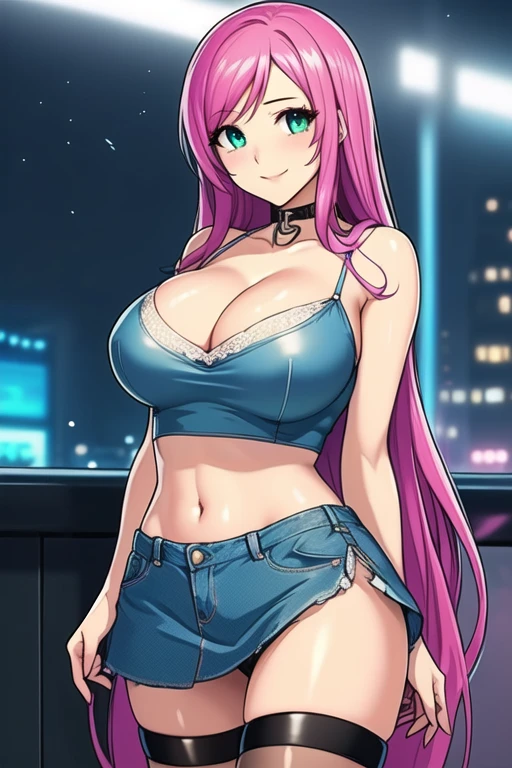 1 girl, 19 years old, Long pink hair, green eyes with slit pupils, master-piece, best quality, (standing up), (white lace camisole crop top, blue denim skirt, knee-high leather high heel boots, cleavage), (Big , ultra gigantic , Super super big, Glamorous body), Make eye contact with the camera, front figure, looking forward, (light_Smile:1.5), (Detailed hands and fingers:1.2)、(Cyberpunk city at night), (FULL BODYSHOT), thighs thighs thighs thighs、beauty legs、Bare legs
