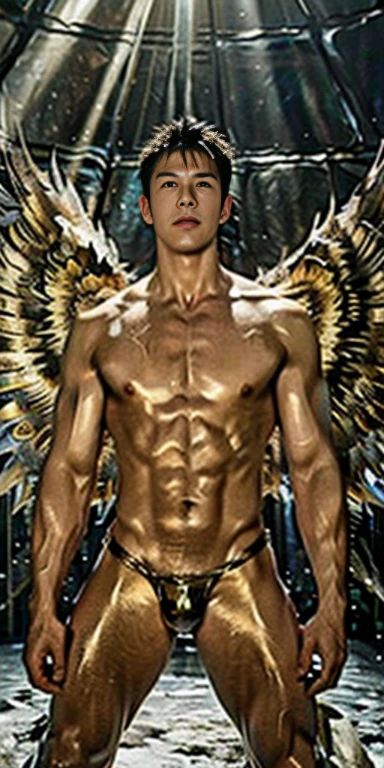 Ultra high resolution, best quality, photograph, 4k, (photographrealistic: 1.4), movie light, The male angel has large translucent wings., A shirtless, muscular man., Abdominal muscles wearing medieval gold armor, Fine fur, feThe male angel has large translucent wings., muscular woman, Abdominal muscles wearing medieval gold armor, Fine fur, cyberpunk environment, Environment with snow and ice in the background, ice cathedral, Portal of the future, Three-dimensional lighting, HD, magic, god of light, Backlight, detailed face, contrast, smooth skin, soft hands, correct anatomy, five fingers.crotch tung,Big target,big egg,The crotch is long and large and tight..
