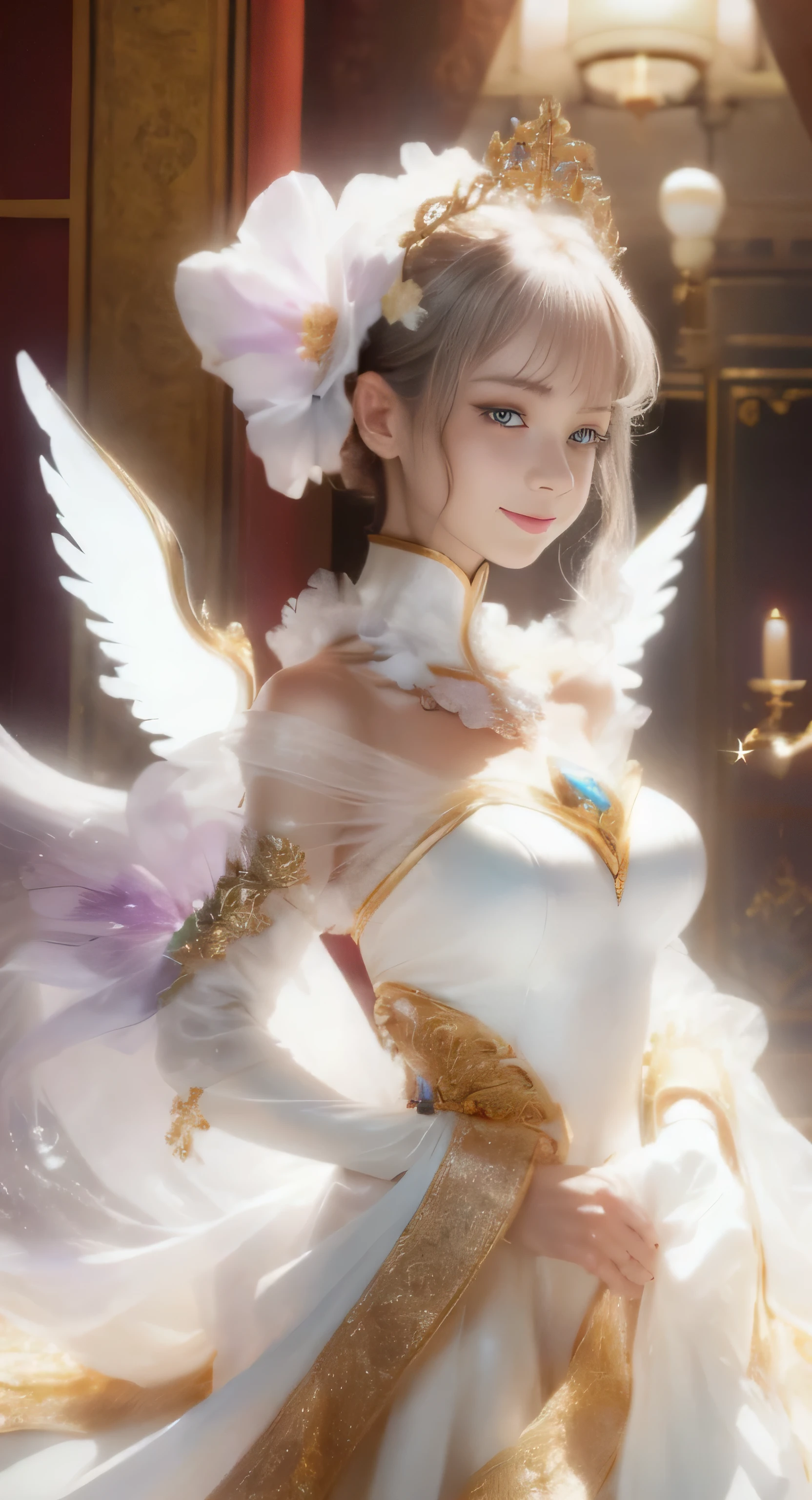 A castle in the distance、face is in front、look at the camera、profile、8K、real photos、ultra high resolution, master parts, highest quality, ticker , cinematic images,A lovely girl、Ann、16talent、ann gross saxon、double eyelid、droopy eyes、very big eyes、eyes are purple、dark eye shadow、lips are very thin、The tip of the nose grows beautifully...........、small nose,,,,, very detailed , silver hair、straight short hair、smile、 sweet expression 、)、very clear shadows , jewelry , fine eyes, extremely difficult, shiny skin , perfect brilliant ann, perfect sentence, dramatic shadow、white tiara on head、gold necklace around the neck、White aristocratic dress with gold embroidery、glass high heels、angel wings