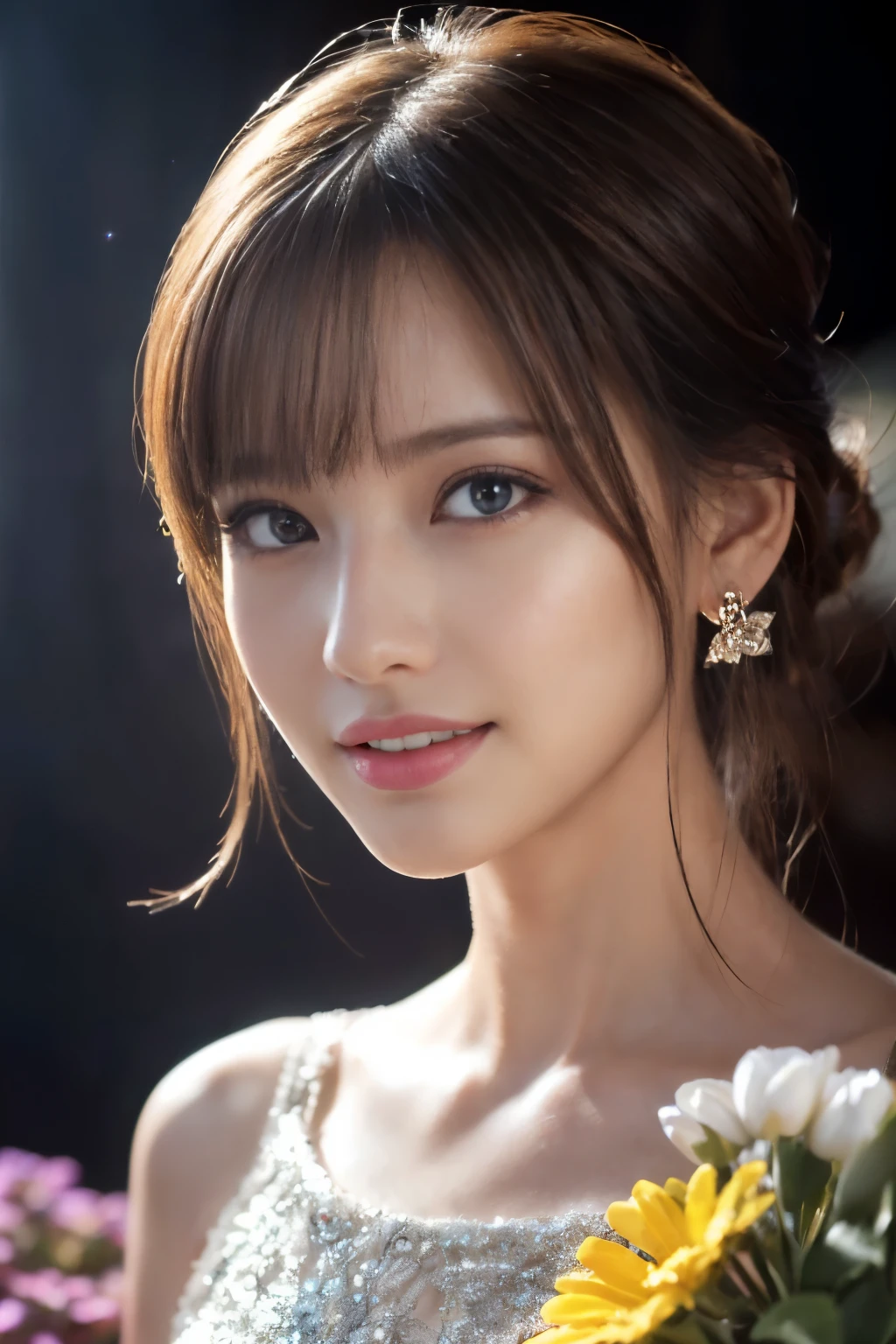 ((table top:1.4, highest quality)), (realistic pictures:1.4), 
((1 girl)), (Pure actress), (dream-like),
(超High resolution:1.2), very delicate and beautiful, wonderful, Highly detailed CG Unity 8K wallpaper, Super detailed, High resolution, 
soft light, beautiful detailed girl, highly detailed eyes and face, beautifully detailed nose, beautiful and detailed eyes, 
(wear a gorgeous glitter dress:1.3), 
cinematic lighting, perfect anatomy, slender body, (parted bangs),
(Flower garden blooming in a cave:1.3), (Flowers blooming all over in the darkness々the brilliance of:1.5), (Light and dark emphasis), (fantastic beauty),
cowboy shot, looking at the viewer, (smile)
