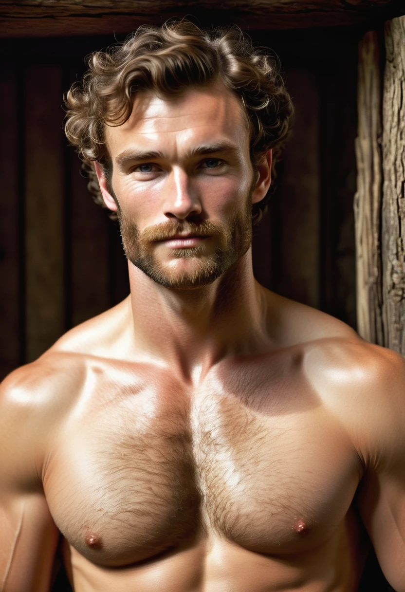 (highly detailed, soft light, photorealistic, dynamic light; cinematic; close up); victorian era; 1820s; 30 years old man; Englishman; strikingly handsome; defined cheekbones; defined strong jawline; handsome face; rectangular face-shape; strapping; desirous teasing expression; masculine face with several scars; charismatic; grizzled; intense inviting expression; manly passionate air; very attractive; burly broad figure; ruddy weathered skin; unkempt beard; natural light-blue eyes; thick strong chestnut-brown eyebrows; carefully-shaped 1820s sideburns; shirtless with a hairy slightly sweaty naked chest; wearing 1820s suspenders connected to pants, shirtless; short styled chestnut-brown hair in 1820's hairstyle; full firm masculine lips, lips open; mouth open; standing inside an intimate cosy 1820s log cabin at night; looking at camera