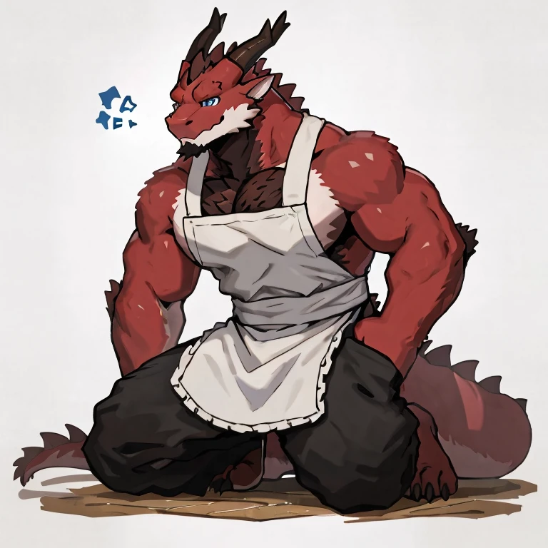 1 boy, solo, anthropology,red dragon, hairy, red and white fur, A place where people congregate Sparkling blue eyes, Big pink‚ with big abs‚muscular, handsome, apron, black pant, white shirt, lay down on ground, sleep, high quality, super detail, 1080P, high quality, high quality, best quality, 8k, super detail, 16k, white background