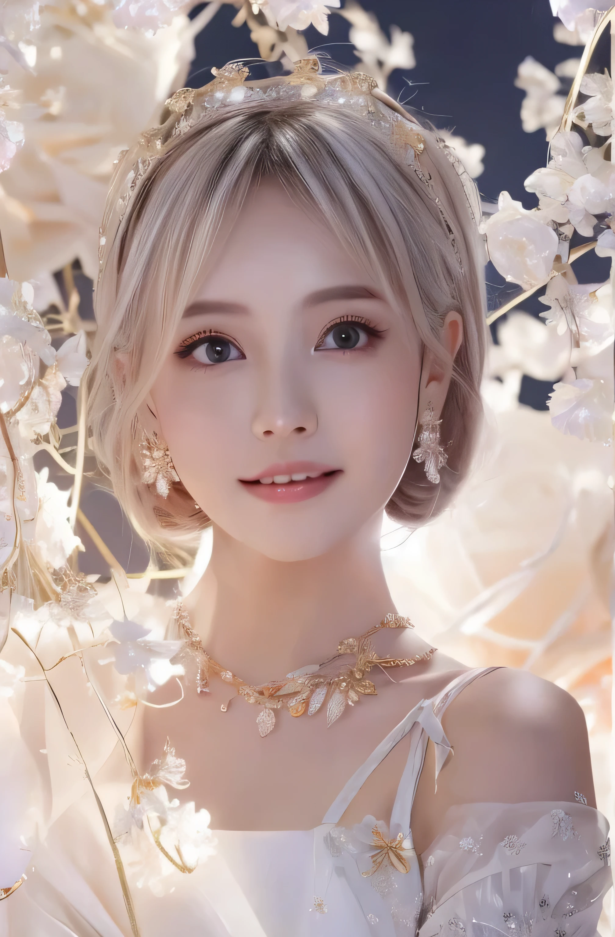 Upper body、face is in front、profile、8K、real photos、ultra high resolution, master parts, highest quality, ticker , cinematic images,nice girl、Ann、16 only、Annグロサクソン、double eyelid、droopy eyes、very big eyes、eyes are purple、dark eye shadow、lips are very thin、The tip of your nose grows beautifully............................................、the tip of the nose is small,,,,, very detailed , silver hair、straight short hair、smile、 sweet expression 、very beautiful woman、long legs、 very clear shadows , jewelry , sexy 、), fine eyes, Very difficult, shiny skin , パーフェクトブリリAnnト, perfect sentence, dramatic shadow、white tiara on head、gold necklace around neck、White aristocratic dress with gold embroidery、